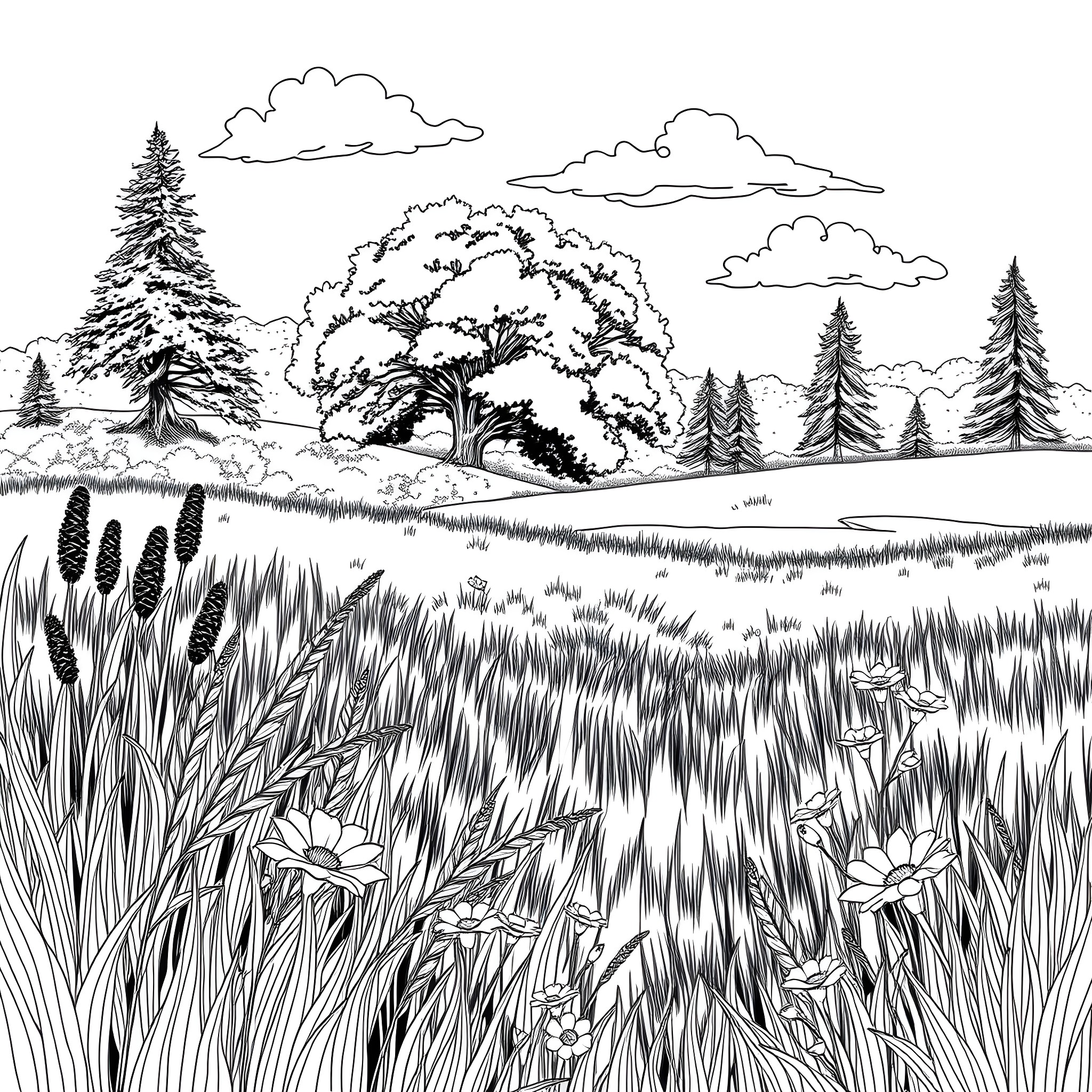 Outdoor Scene with Lush Meadow and Evergreen Forest Coloring Page (free black-and-white line drawing printable PDF for all, from beginners to advanced learners, including children, teens, adults, and seniors)