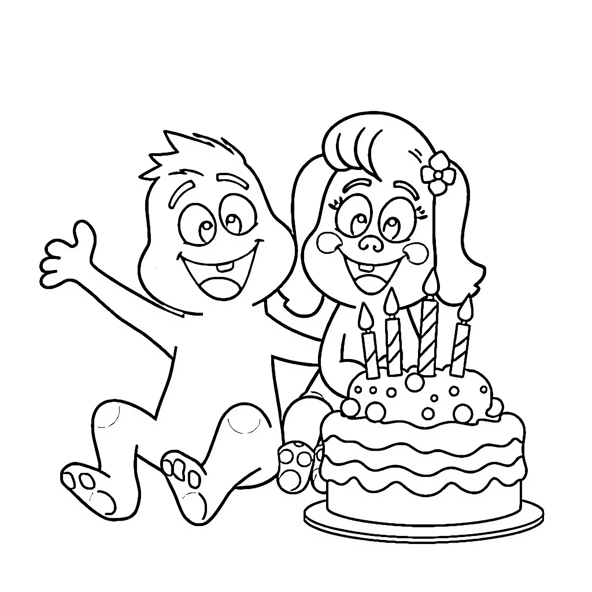 Blue Cartoon Characters Celebrate Birthday Coloring Page (free black-and-white line drawing printable PDF for all, from beginners to advanced learners, including children, teens, adults, and seniors)