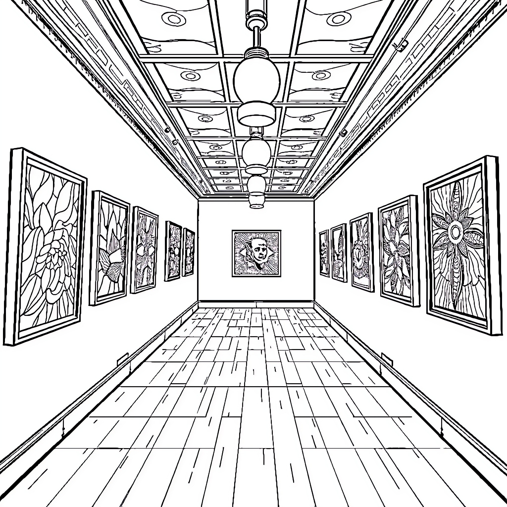 Art Gallery with Ornate Ceiling and Framed Artwork Coloring Page (free black-and-white line drawing printable PDF for all, from beginners to advanced learners, including children, teens, adults, and seniors)