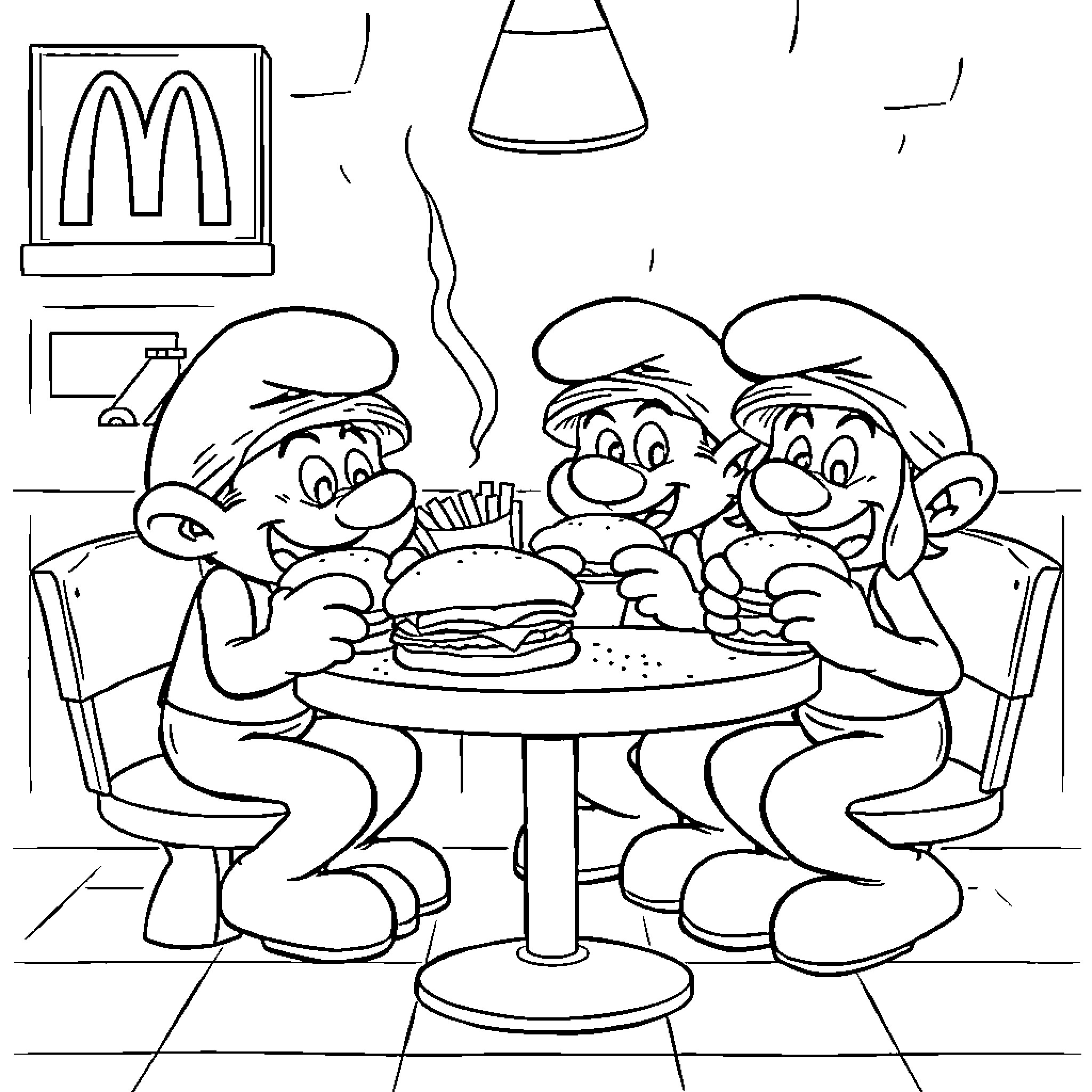 Smurfs Enjoying a Delicious Burger Feast Coloring Page (free black-and-white line drawing printable PDF for all, from beginners to advanced learners, including children, teens, adults, and seniors)
