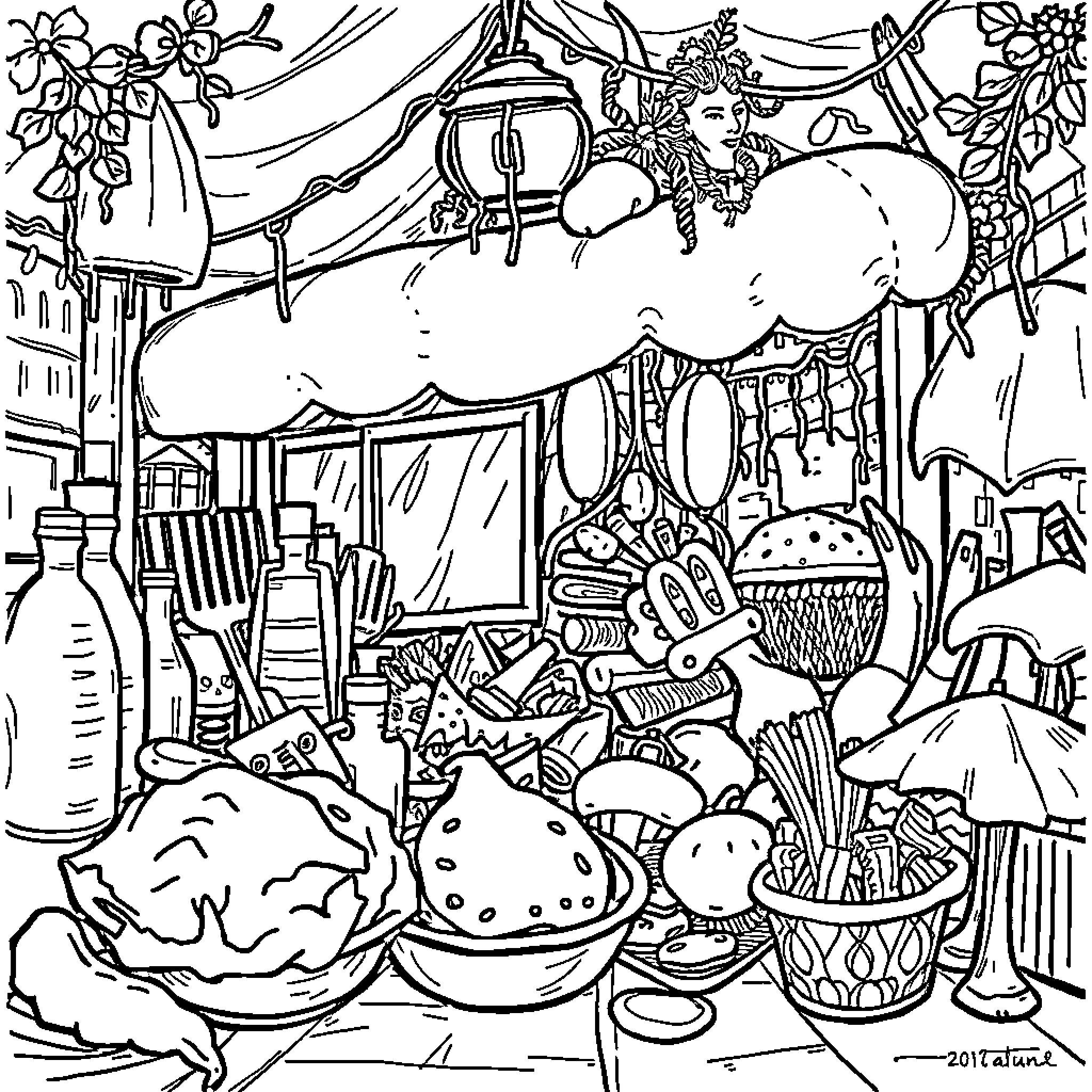 Brain Exploring a Vibrant Market Scene Coloring Page (free black-and-white line drawing printable PDF for all, from beginners to advanced learners, including children, teens, adults, and seniors)