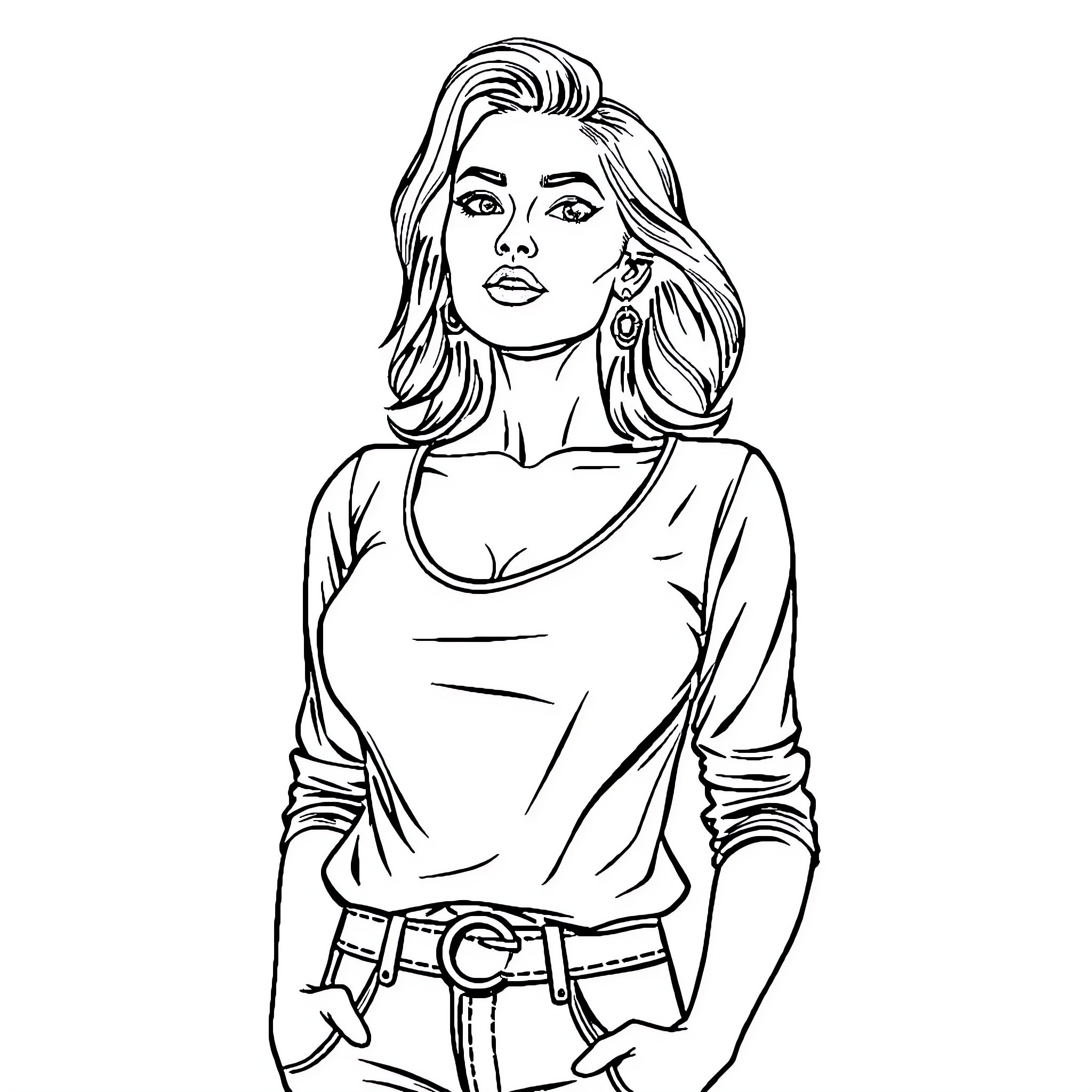 Woman posing confidently in casual outfit Coloring Page (free black-and-white line drawing printable PDF for all, from beginners to advanced learners, including children, teens, adults, and seniors)