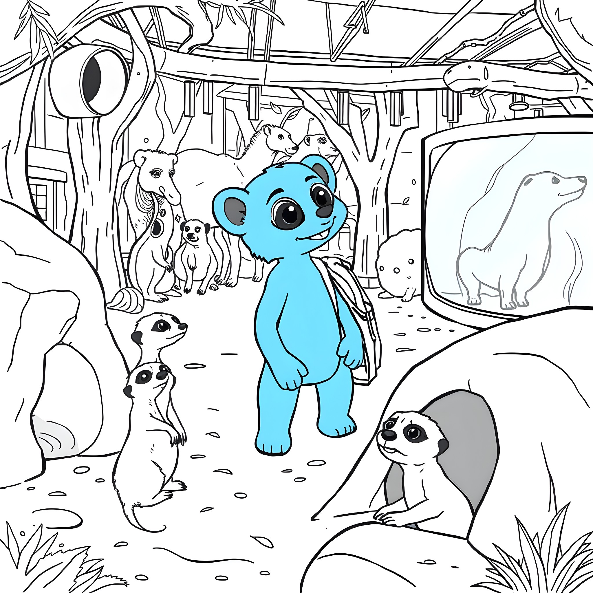 Bluey explores the enchanting animal world Coloring Page (free black-and-white line drawing printable PDF for all, from beginners to advanced learners, including children, teens, adults, and seniors)