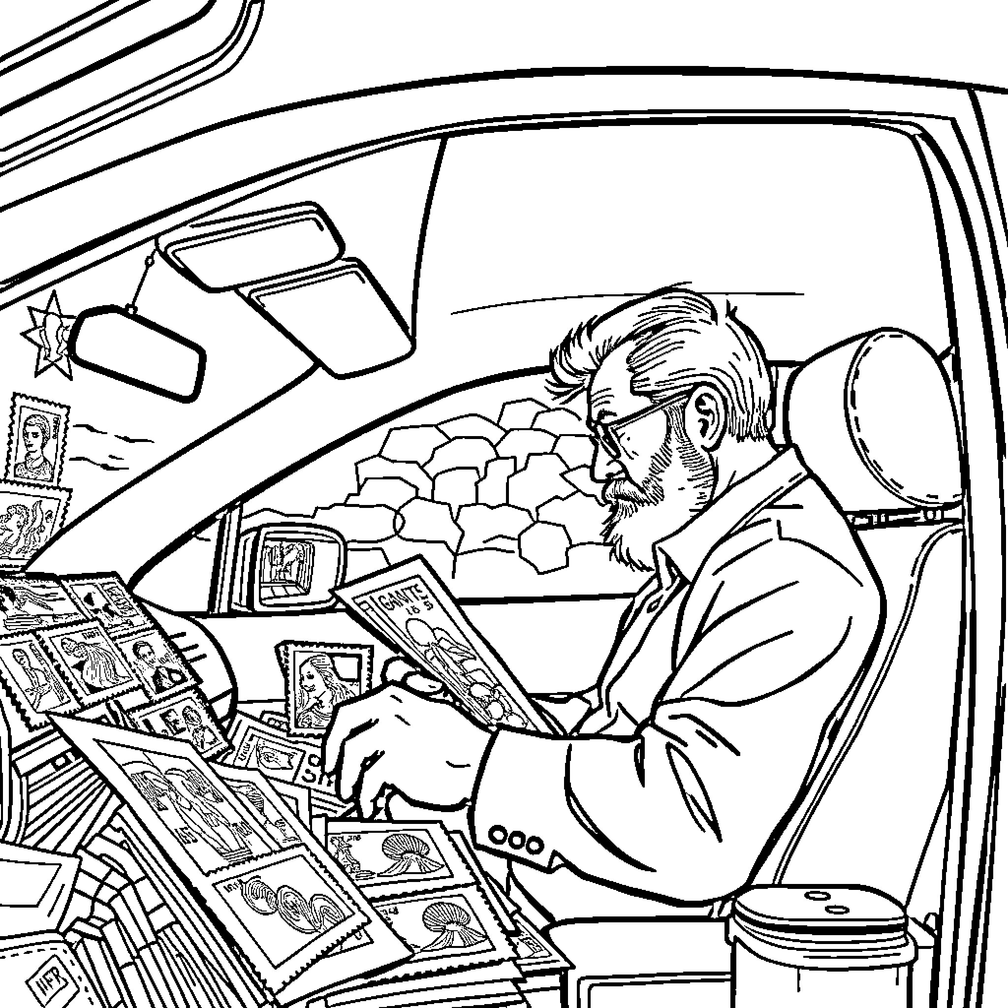 Stamp Dealer Engrossed in His Stamp Collection Coloring Page (free black-and-white line drawing printable PDF for all, from beginners to advanced learners, including children, teens, adults, and seniors)