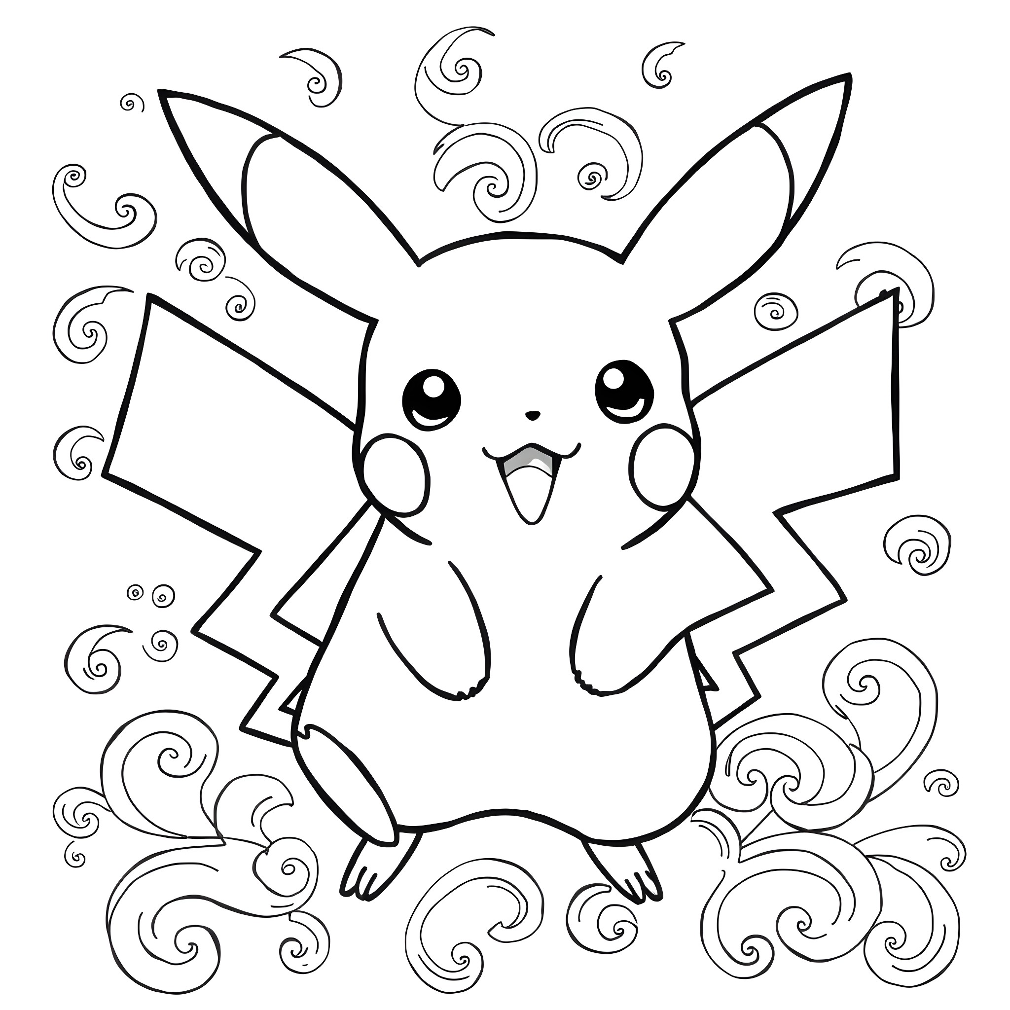 Pikachu playing with swirling patterns in the air Coloring Page (free black-and-white line drawing printable PDF for all, from beginners to advanced learners, including children, teens, adults, and seniors)