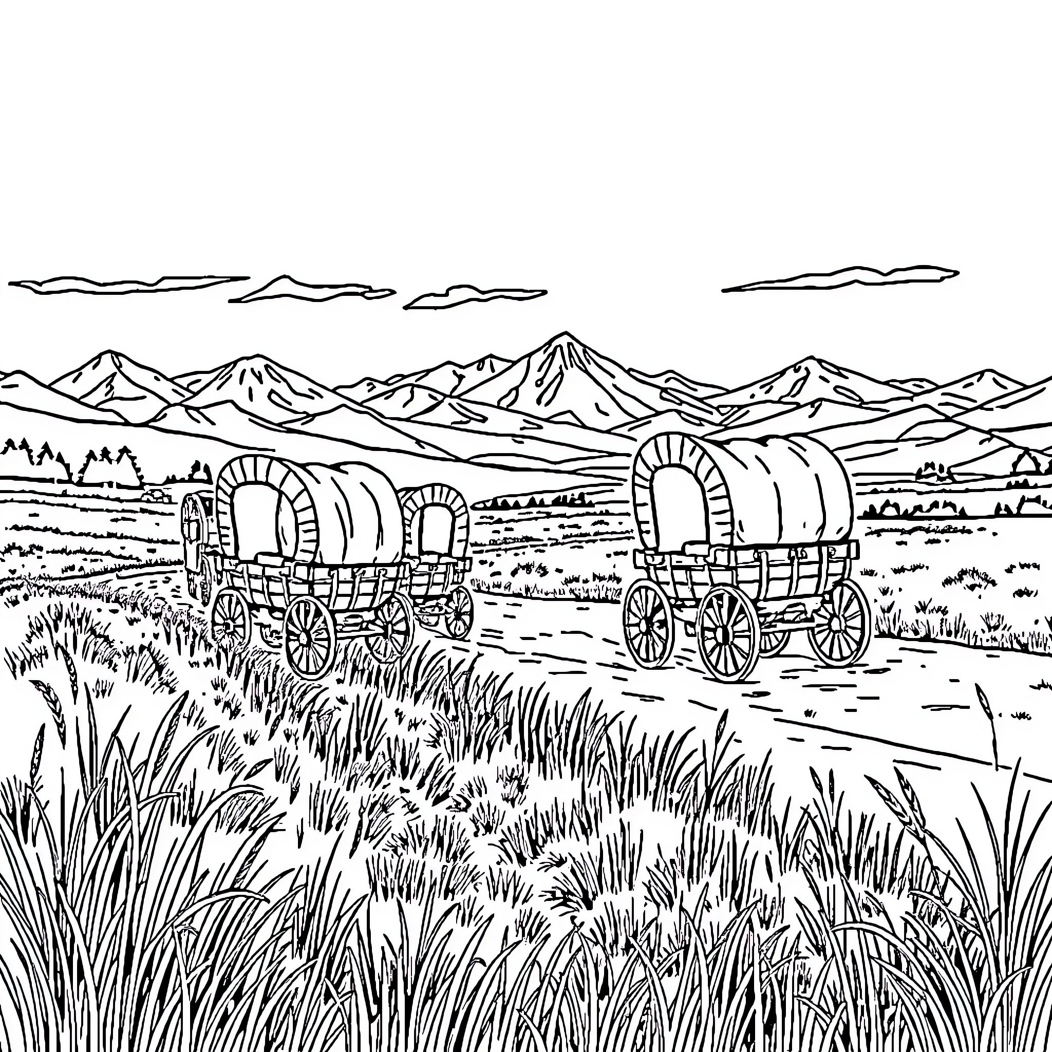 Wagon caravan traveling through scenic mountain landscape Coloring Page (free black-and-white line drawing printable PDF for all, from beginners to advanced learners, including children, teens, adults, and seniors)