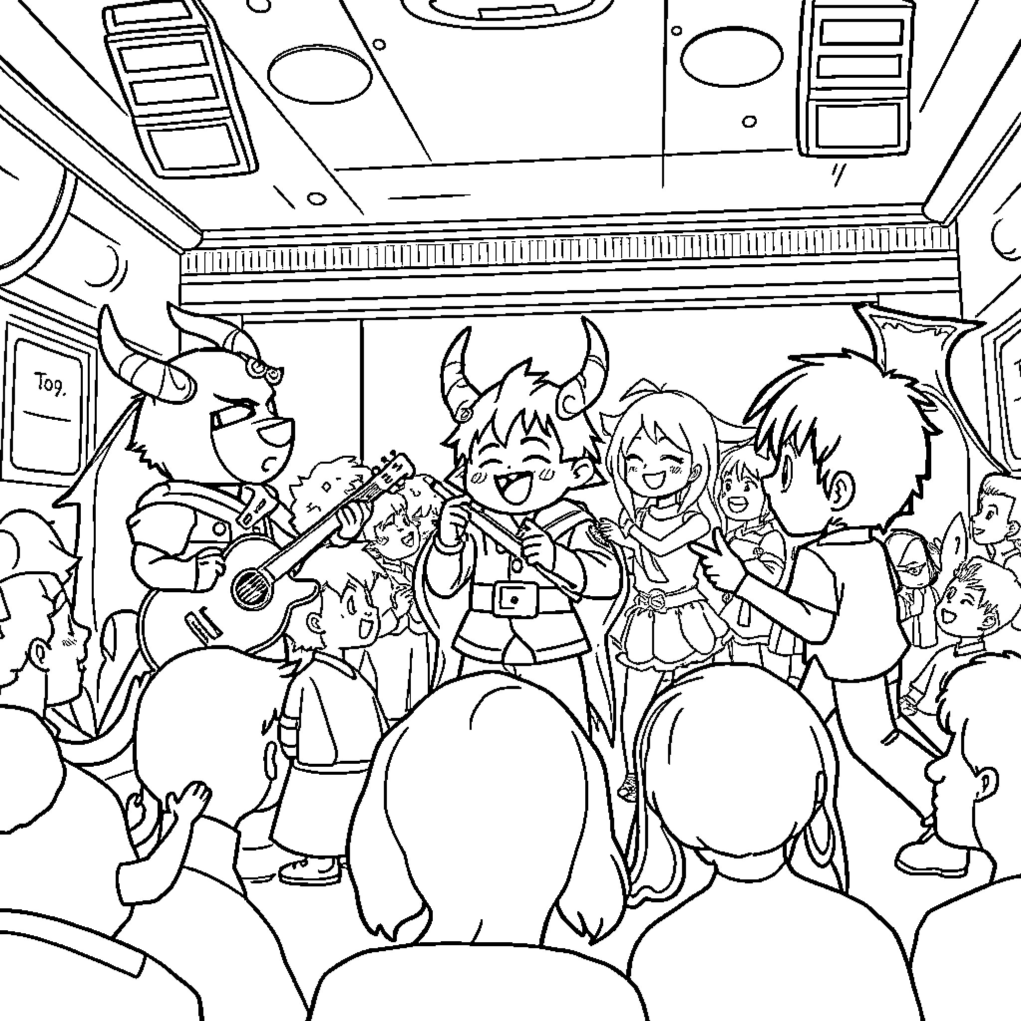 Demon Hunter Band Performing on Tour Bus Coloring Page (free black-and-white line drawing printable PDF for all, from beginners to advanced learners, including children, teens, adults, and seniors)