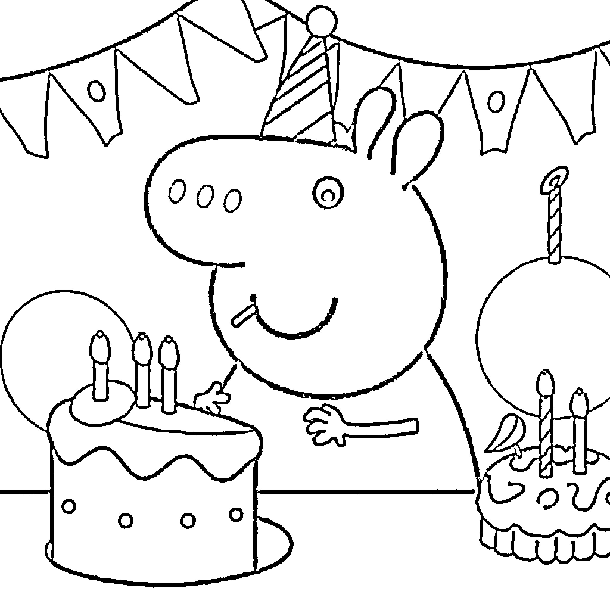 Peppa Pig celebrating a birthday party Coloring Page (free black-and-white line drawing printable PDF for all, from beginners to advanced learners, including children, teens, adults, and seniors)