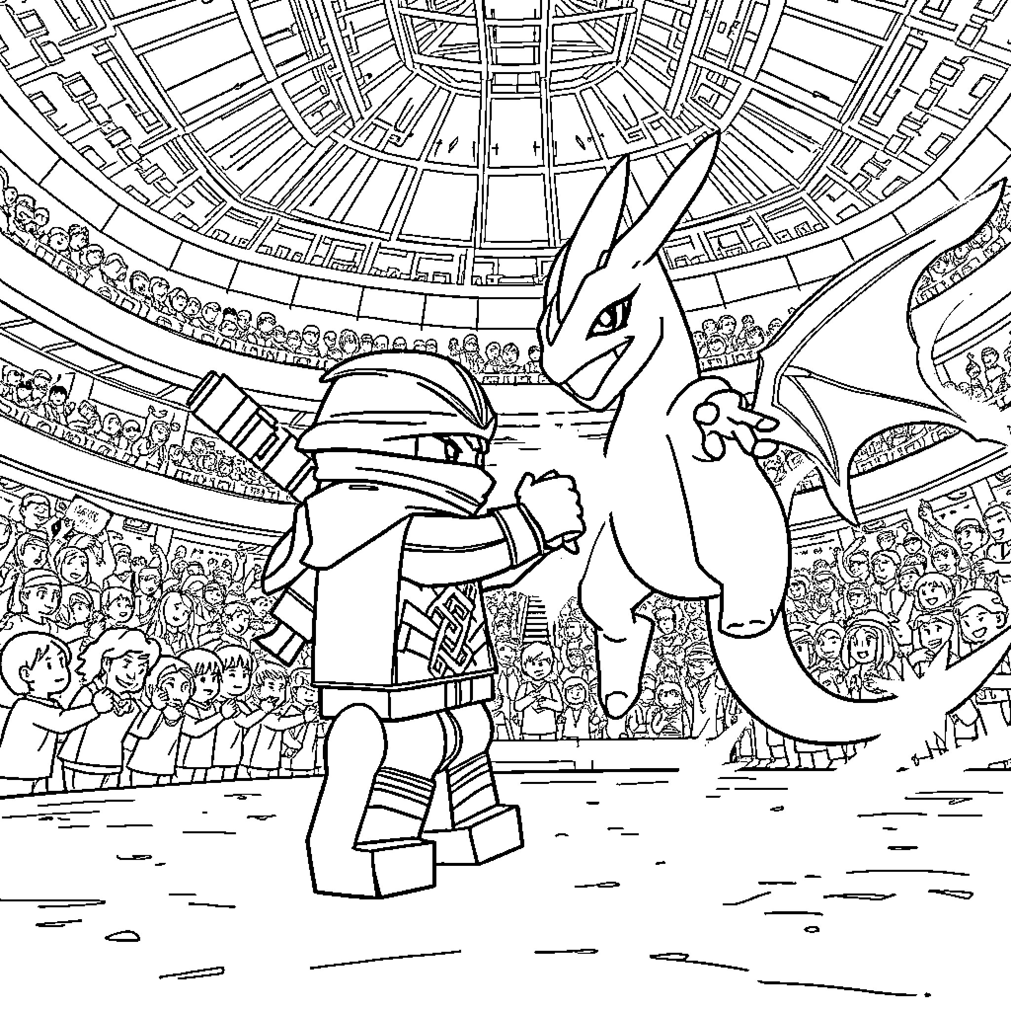 Kayle battling a powerful opponent in a grand arena Coloring Page (free black-and-white line drawing printable PDF for all, from beginners to advanced learners, including children, teens, adults, and seniors)