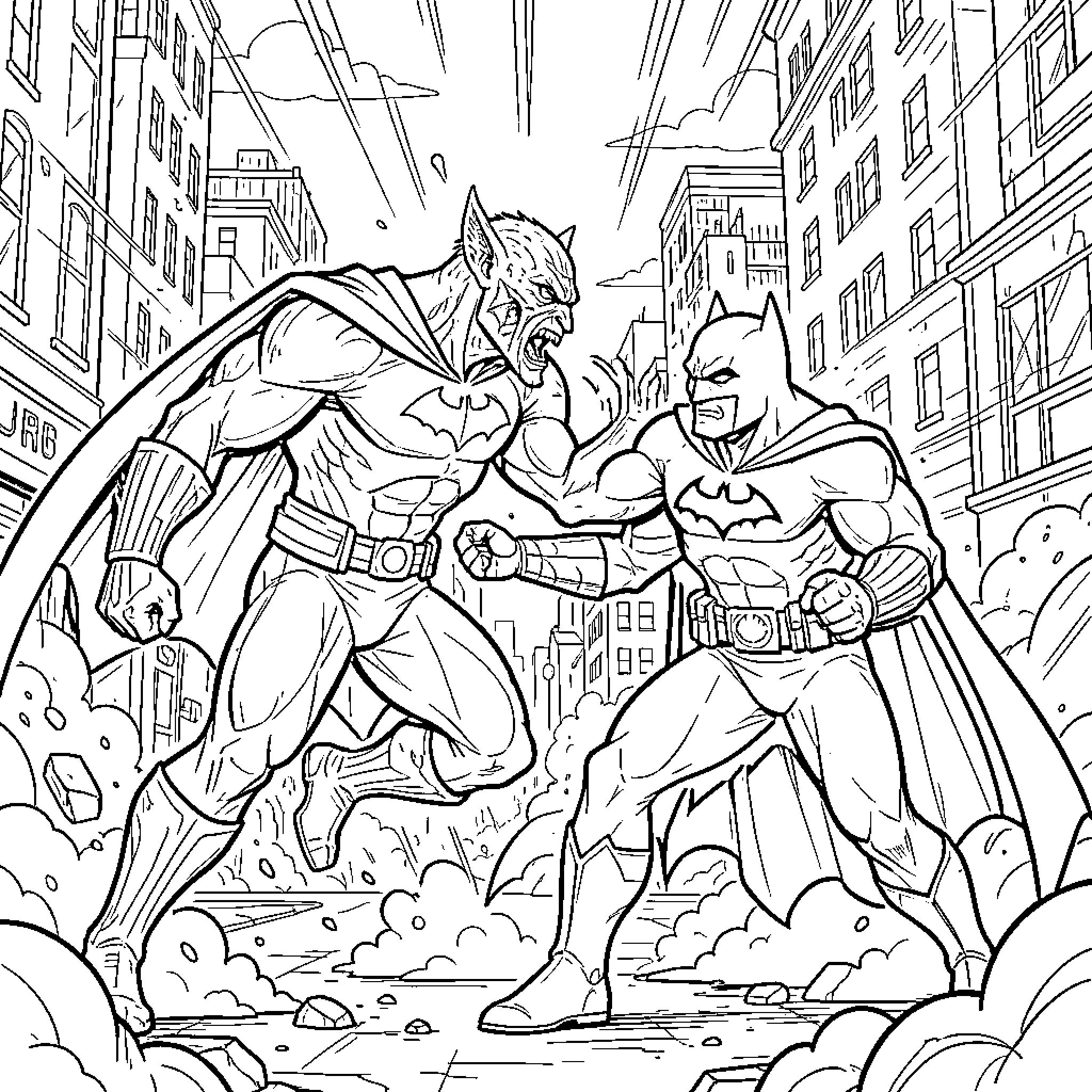 Predator fighting intensely against an opponent in a city Coloring Page (free black-and-white line drawing printable PDF for all, from beginners to advanced learners, including children, teens, adults, and seniors)