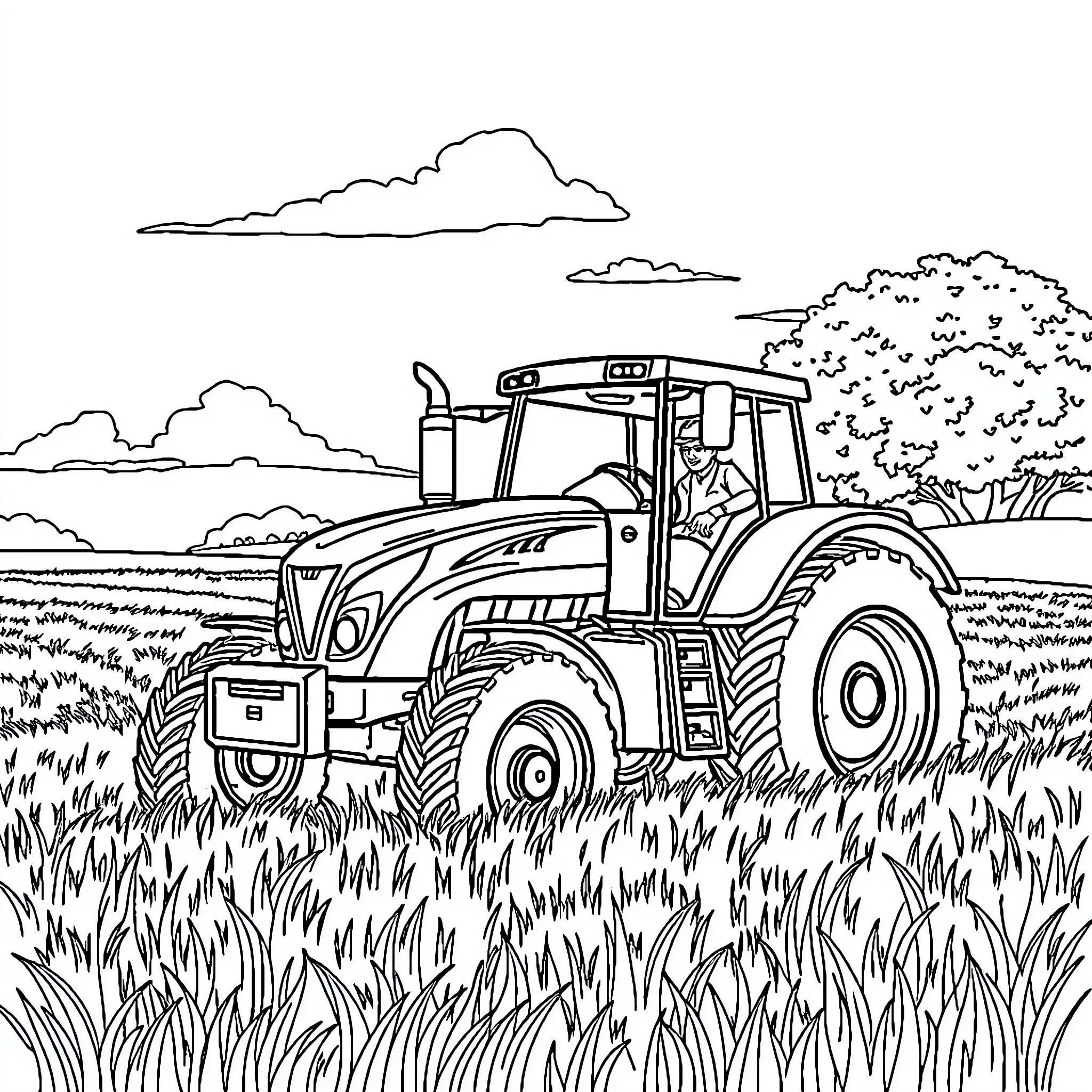 Tractor working diligently in the farm field Coloring Page (free black-and-white line drawing printable PDF for all, from beginners to advanced learners, including children, teens, adults, and seniors)
