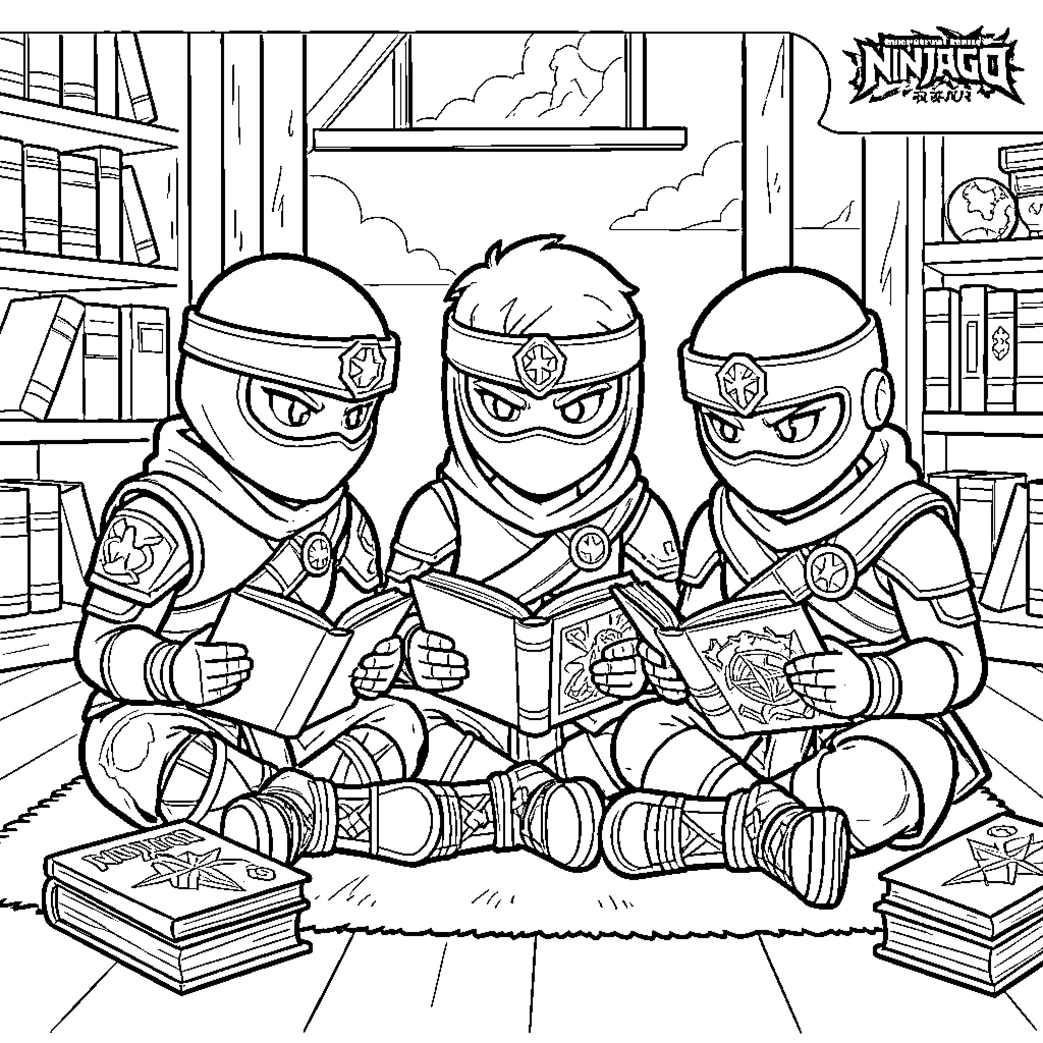 Ninjago characters sitting together and reading books Coloring Page (free black-and-white line drawing printable PDF for all, from beginners to advanced learners, including children, teens, adults, and seniors)