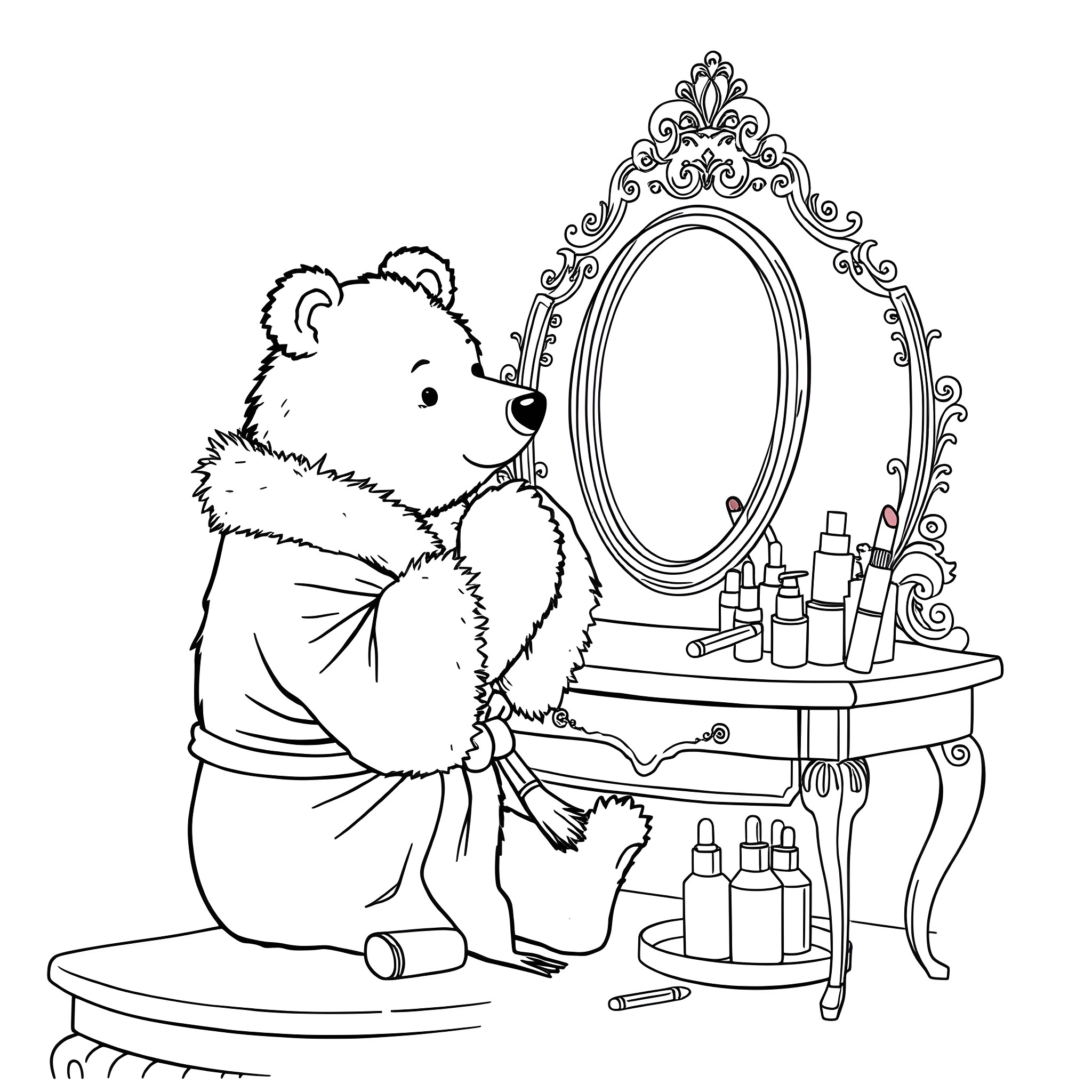 Bear getting ready in front of the mirror Coloring Page (free black-and-white line drawing printable PDF for all, from beginners to advanced learners, including children, teens, adults, and seniors)