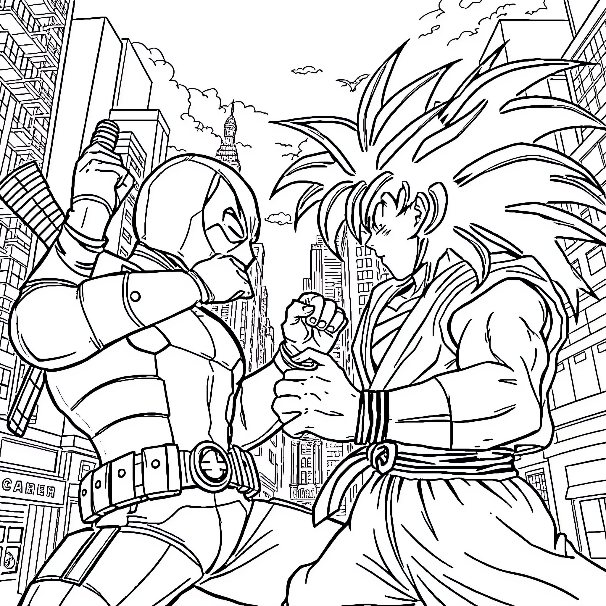 Deadpool and Goku Face Off in Epic City Battle Coloring Page (free black-and-white line drawing printable PDF for all, from beginners to advanced learners, including children, teens, adults, and seniors)