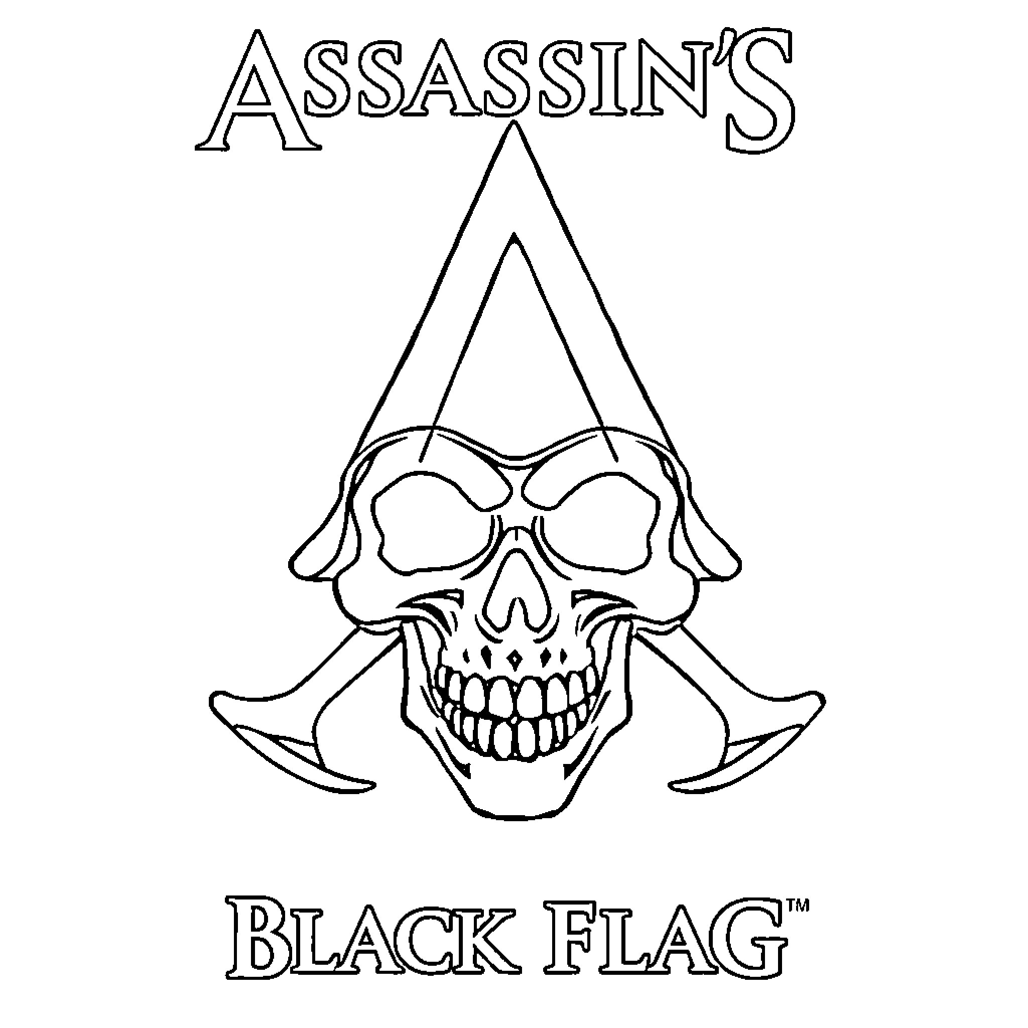 Assassin's Creed Logo with Skull and Crossed Blades Coloring Page (free black-and-white line drawing printable PDF for all, from beginners to advanced learners, including children, teens, adults, and seniors)