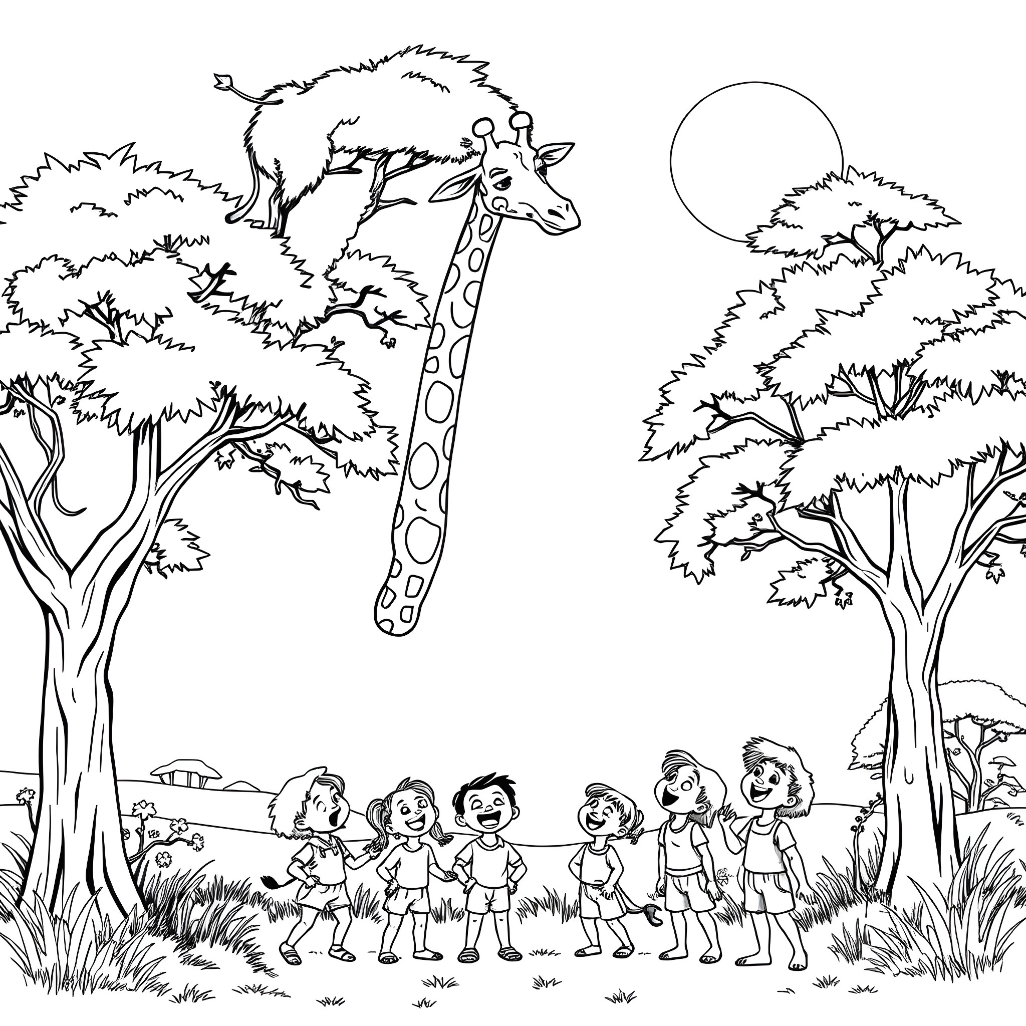 Giraffe observing children playing in the forest Coloring Page (free black-and-white line drawing printable PDF for all, from beginners to advanced learners, including children, teens, adults, and seniors)