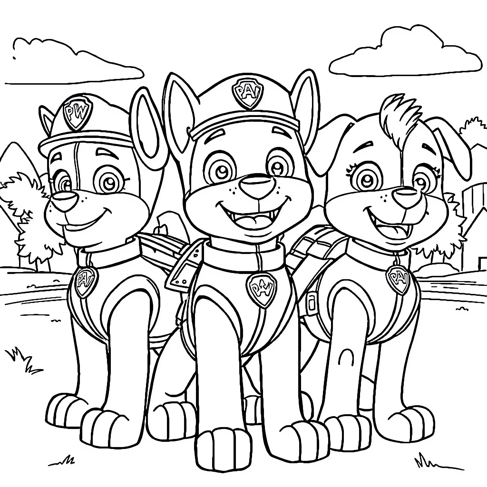 Paw Patrol Team Assisting in Outdoor Adventure Coloring Page (free black-and-white line drawing printable PDF for all, from beginners to advanced learners, including children, teens, adults, and seniors)
