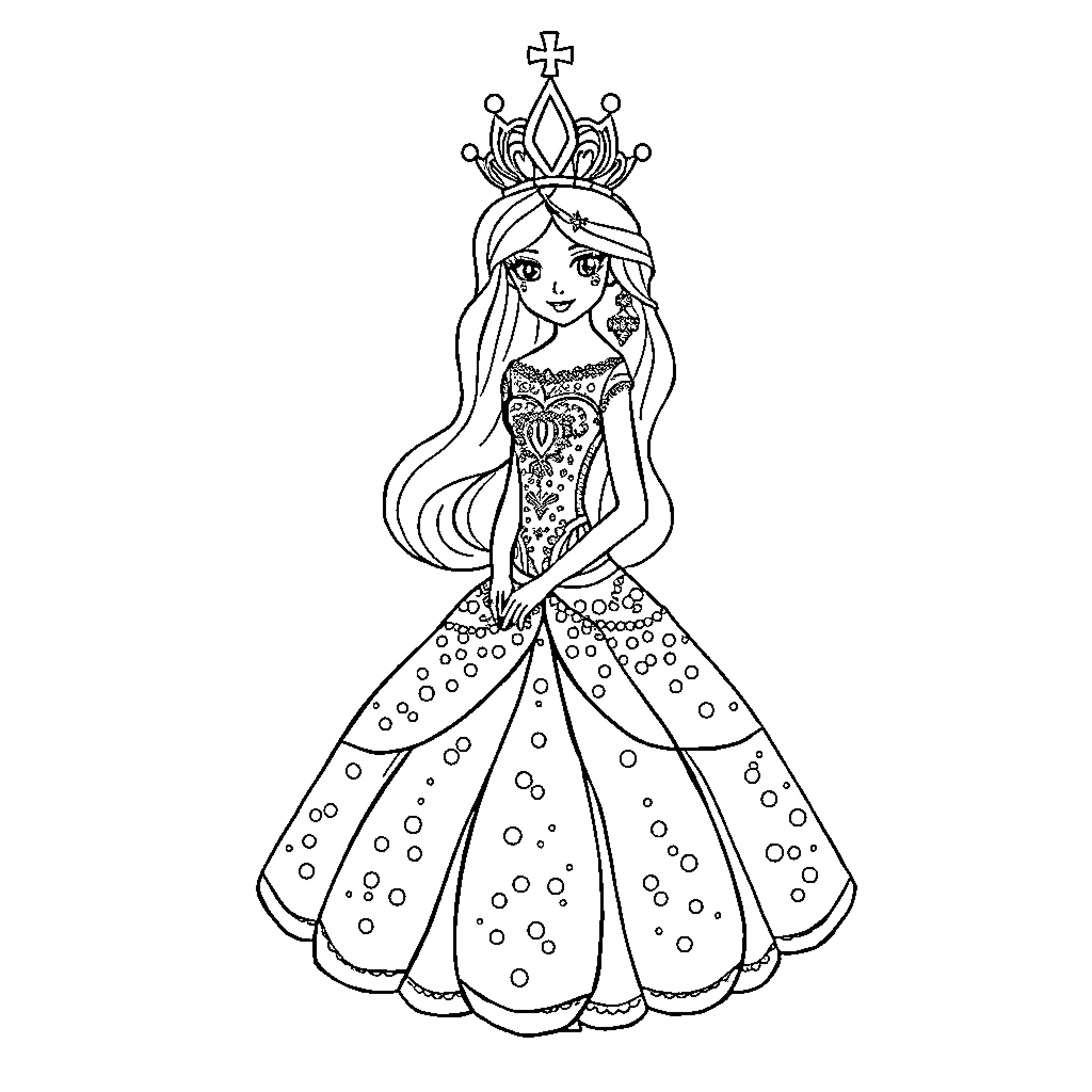 Princess in an elaborate ballgown with a crown Coloring Page (free black-and-white line drawing printable PDF for all, from beginners to advanced learners, including children, teens, adults, and seniors)