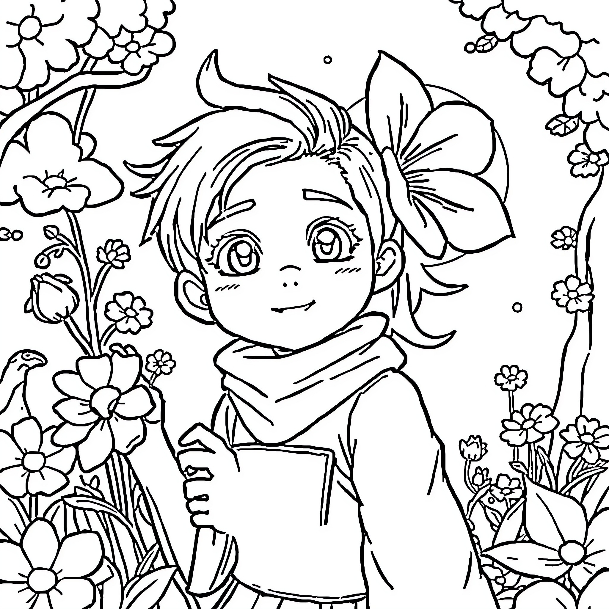 Anime Girl in Floral Garden Coloring Page (free black-and-white line drawing printable PDF for all, from beginners to advanced learners, including children, teens, adults, and seniors)