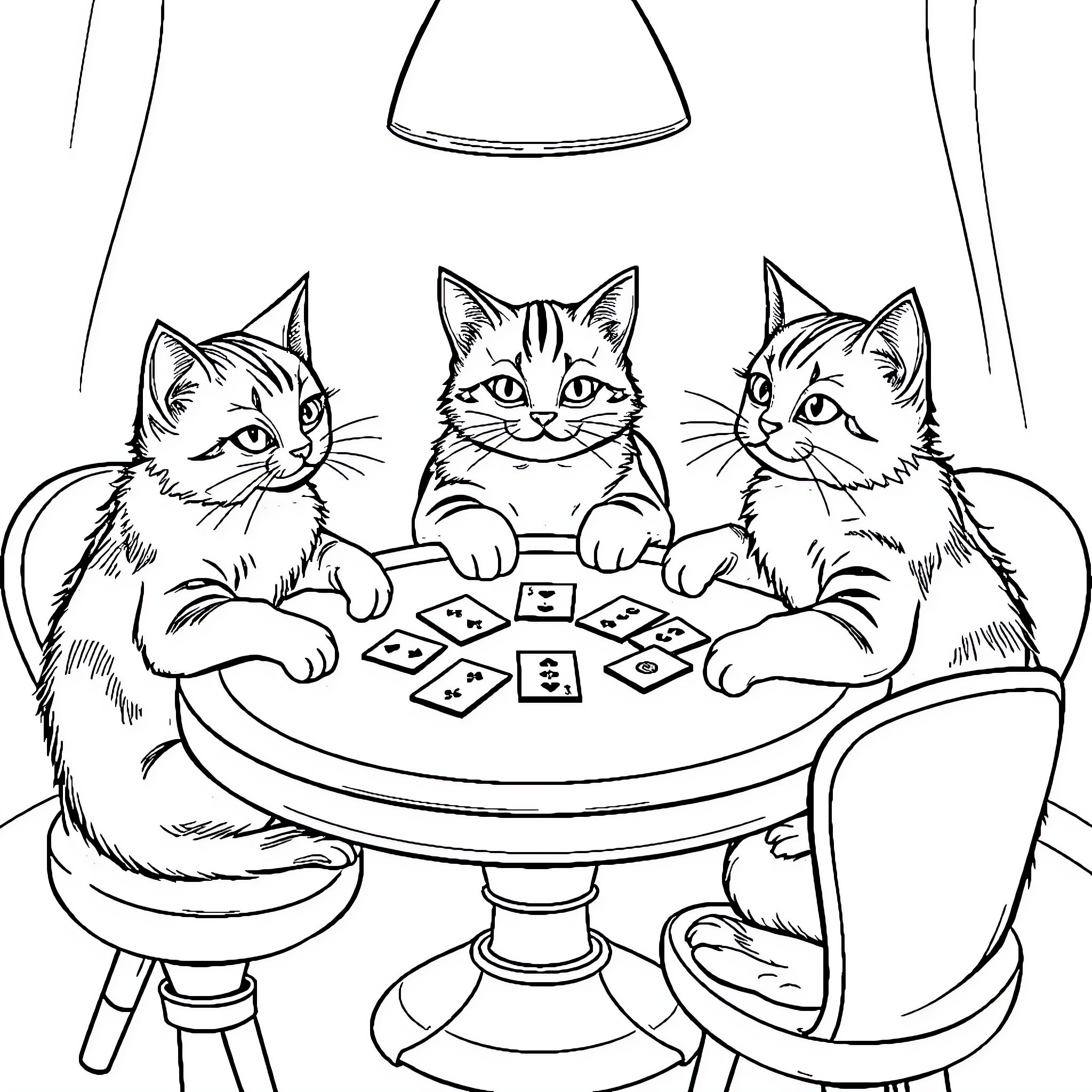 Cats playing card game at table Coloring Page (free black-and-white line drawing printable PDF for all, from beginners to advanced learners, including children, teens, adults, and seniors)