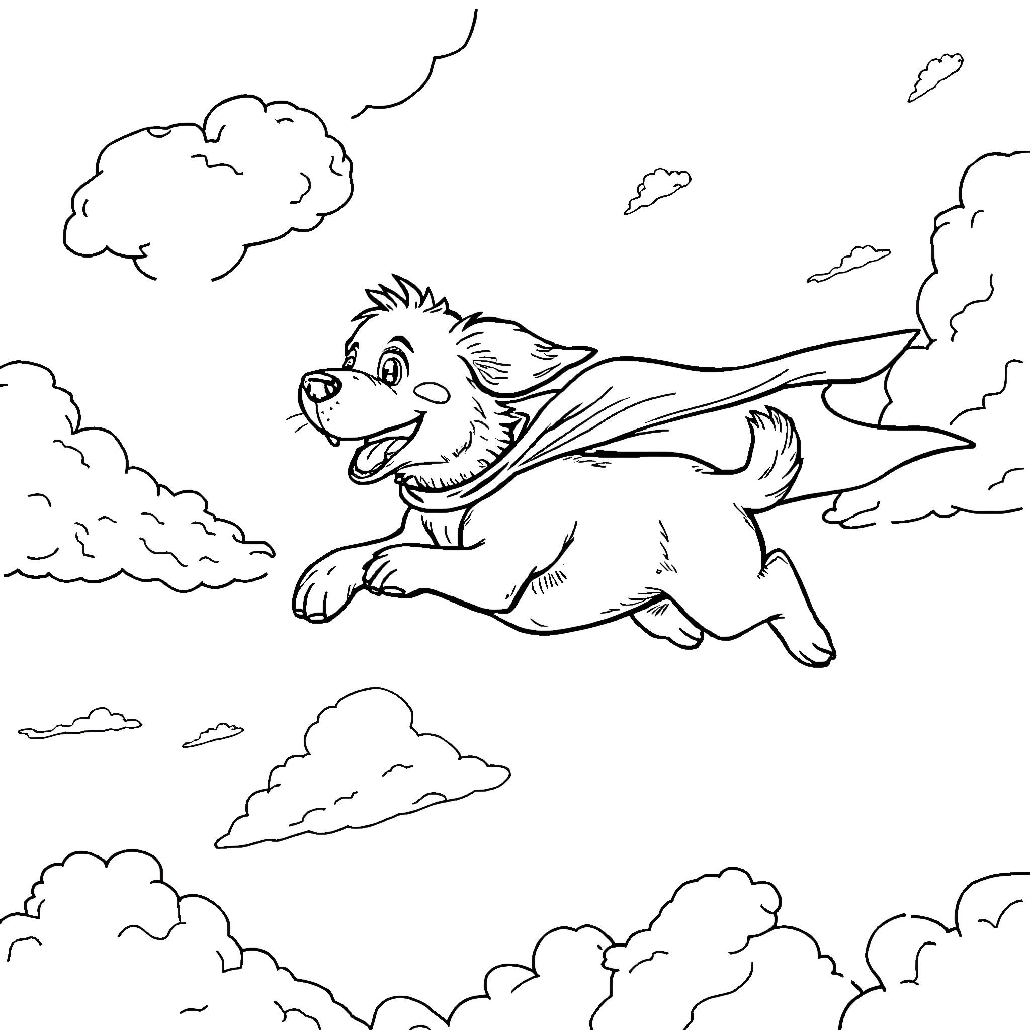 Flying Dog Soaring Through Clouds Coloring Page (free black-and-white line drawing printable PDF for all, from beginners to advanced learners, including children, teens, adults, and seniors)