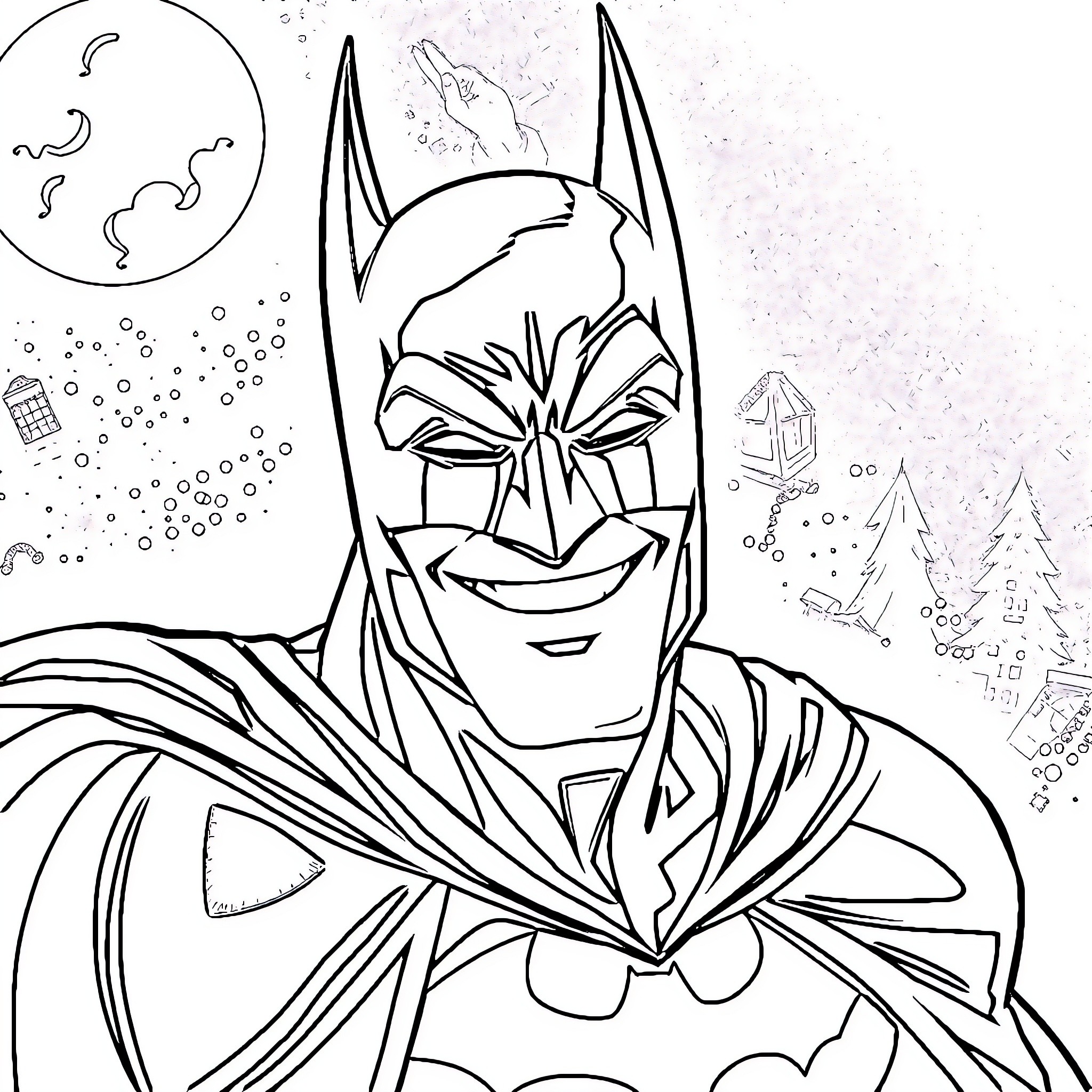Batman in Heroic Pose Amid Snowy Scenery Coloring Page (free black-and-white line drawing printable PDF for all, from beginners to advanced learners, including children, teens, adults, and seniors)