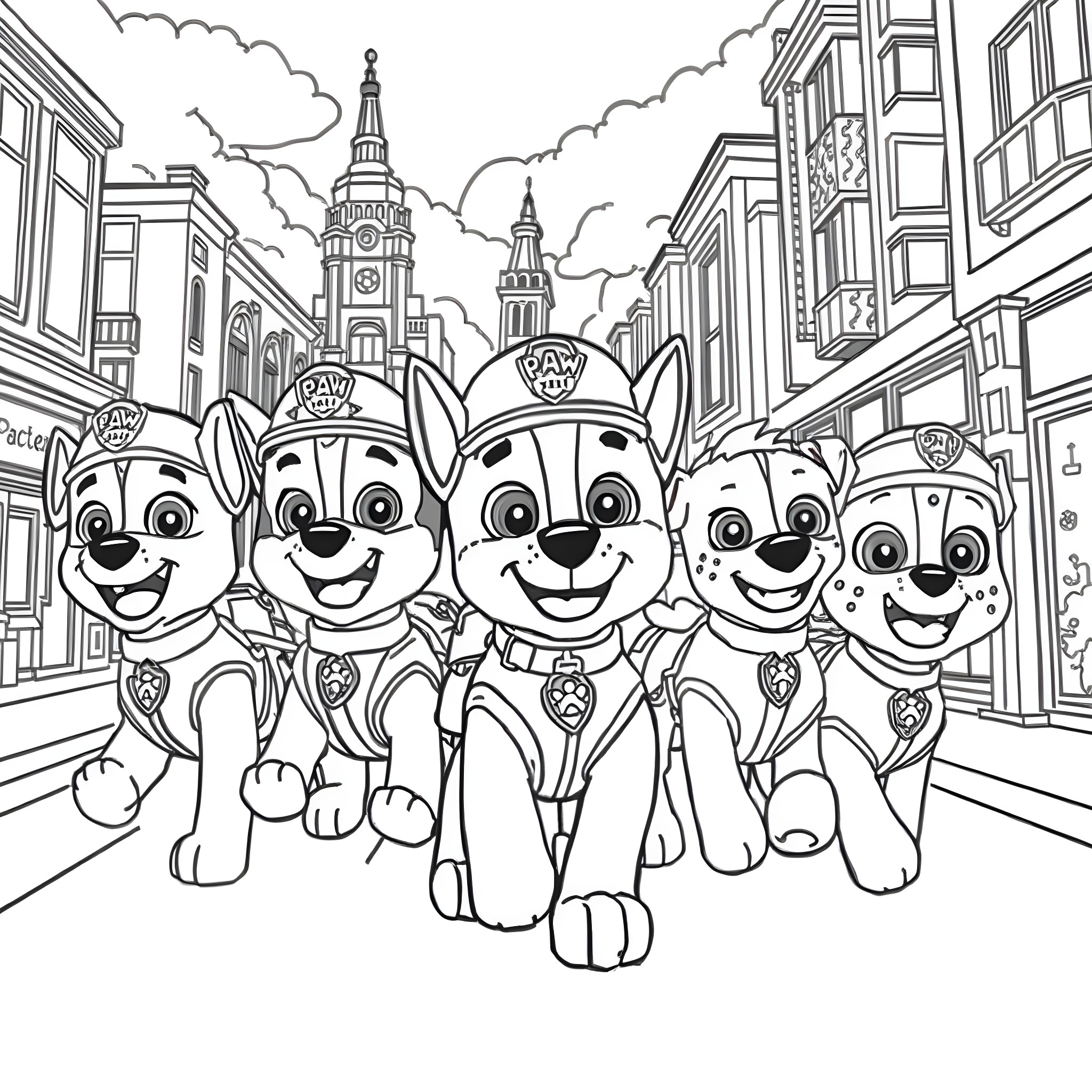 Paw Patrol Team Explores Cityscape Coloring Page (free black-and-white line drawing printable PDF for all, from beginners to advanced learners, including children, teens, adults, and seniors)