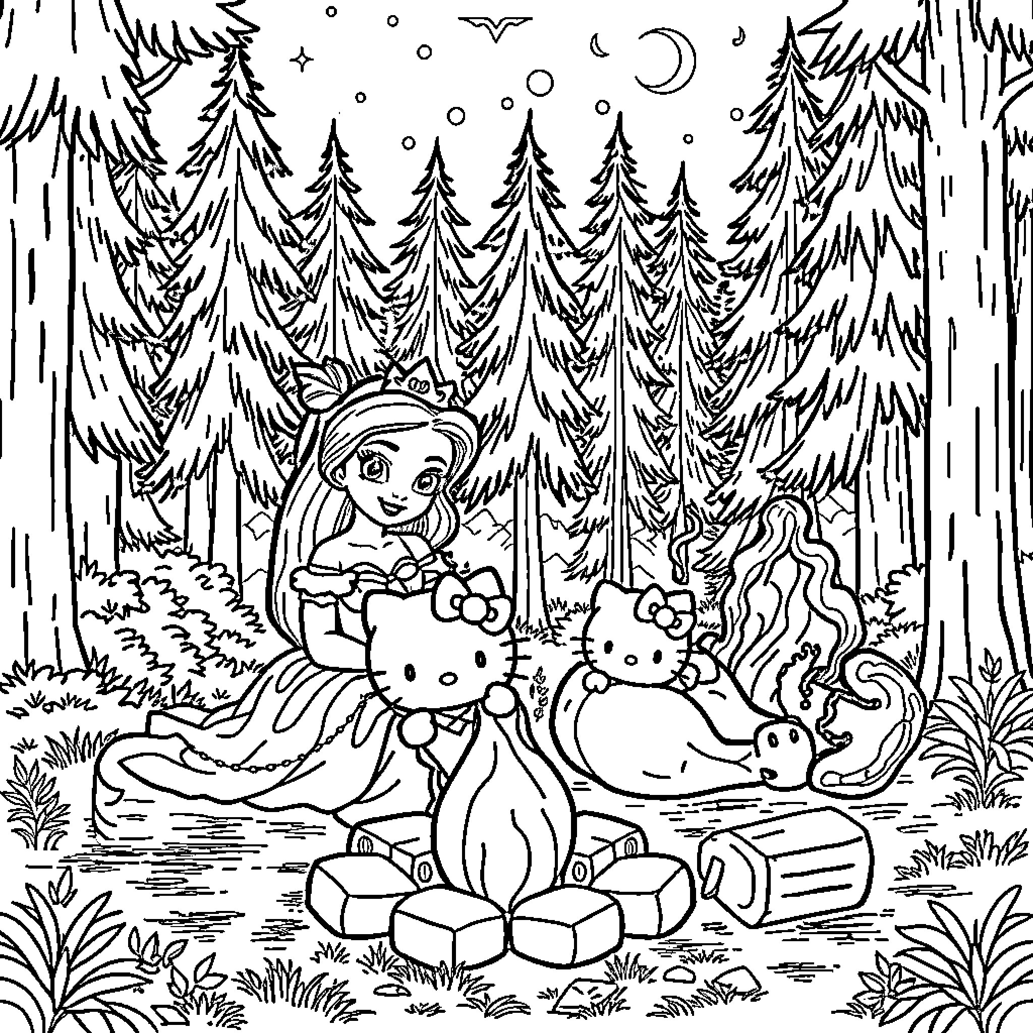 Princess and Friends Explore the Enchanted Forest Coloring Page (free black-and-white line drawing printable PDF for all, from beginners to advanced learners, including children, teens, adults, and seniors)