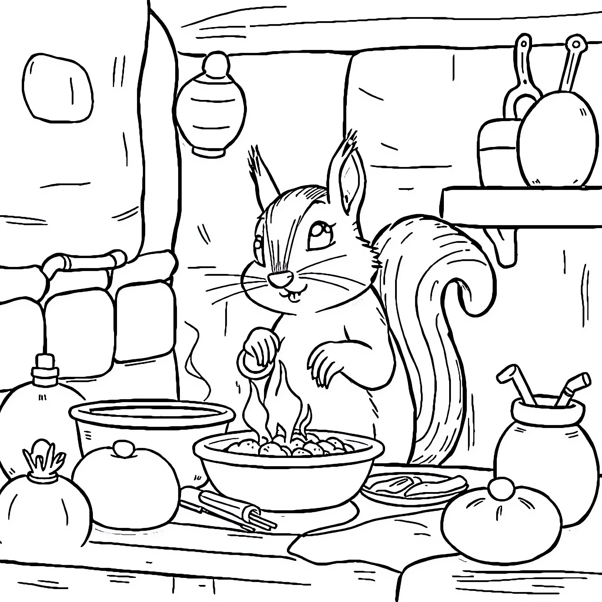 Squirrel enjoying a hearty meal in the kitchen Coloring Page (free black-and-white line drawing printable PDF for all, from beginners to advanced learners, including children, teens, adults, and seniors)