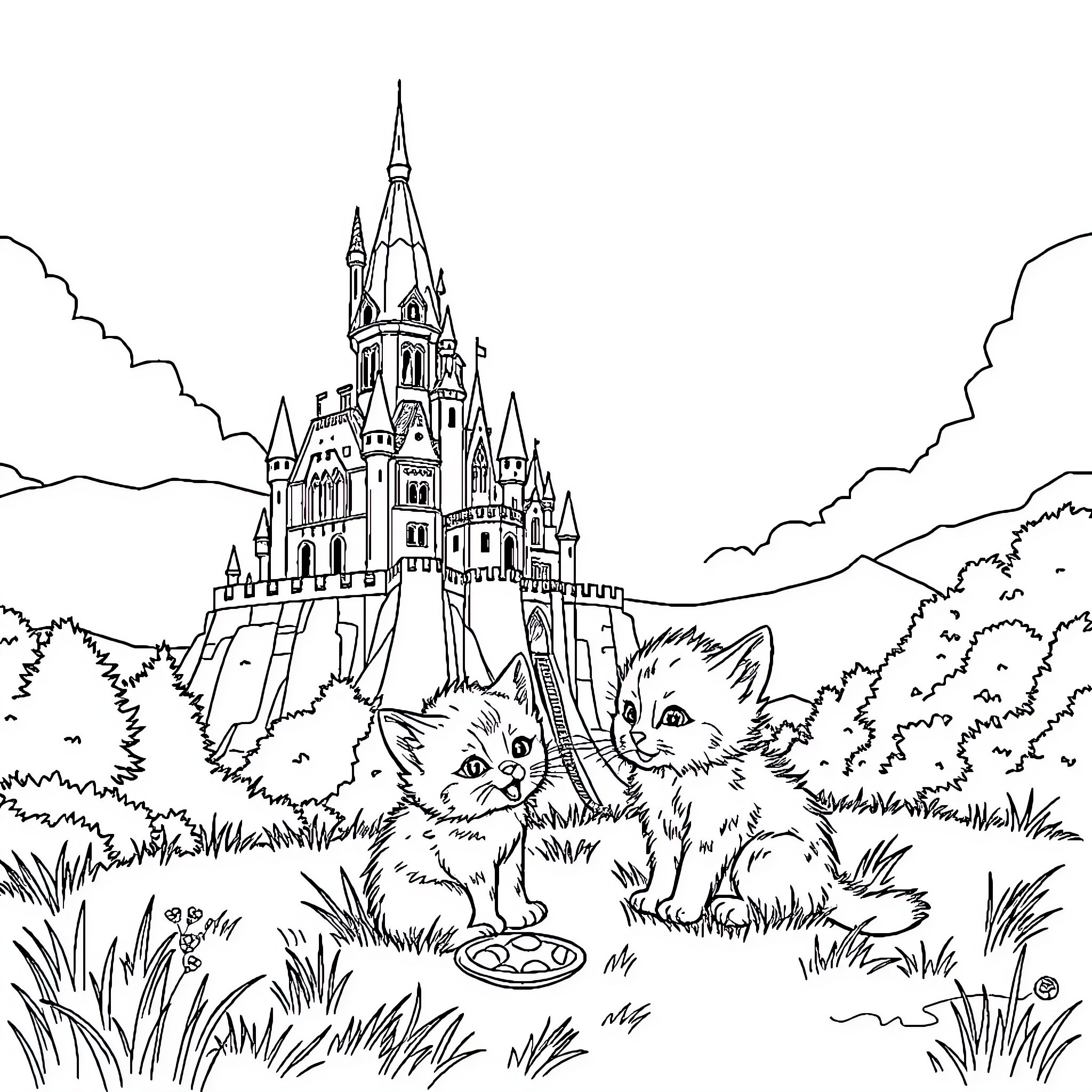 Kittens playing in a magical castle garden Coloring Page (free black-and-white line drawing printable PDF for all, from beginners to advanced learners, including children, teens, adults, and seniors)