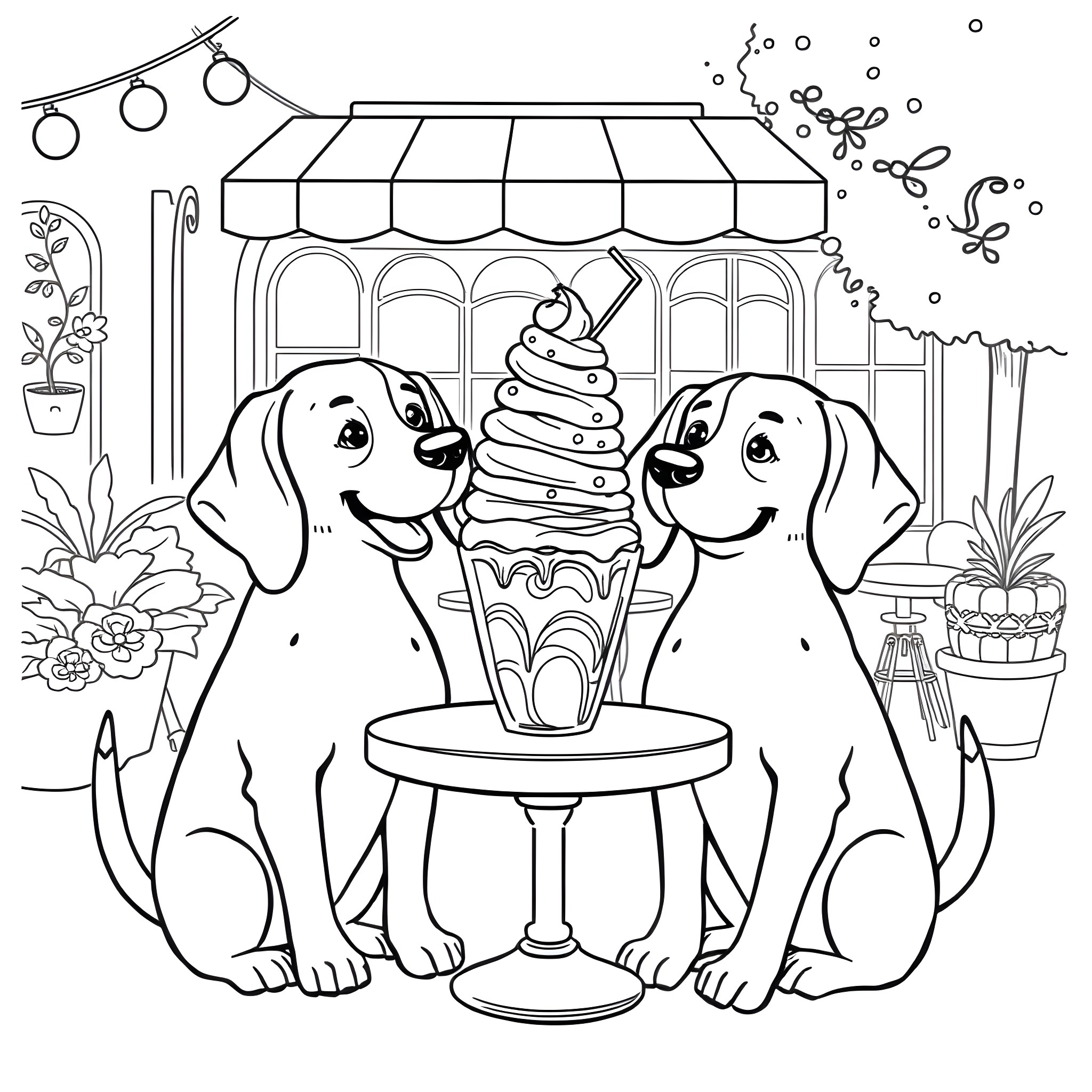 Beagle pups enjoying ice cream treats together Coloring Page (free black-and-white line drawing printable PDF for all, from beginners to advanced learners, including children, teens, adults, and seniors)