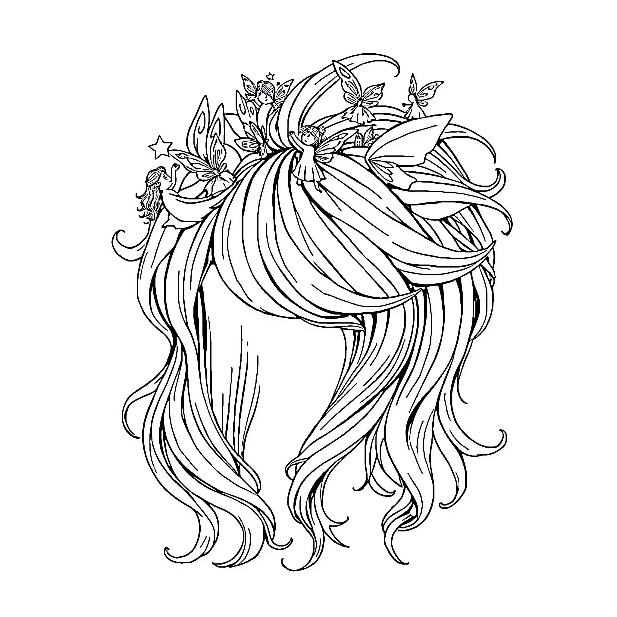 Wig with Floral and Butterfly Adornments Coloring Page (free black-and-white line drawing printable PDF for all, from beginners to advanced learners, including children, teens, adults, and seniors)