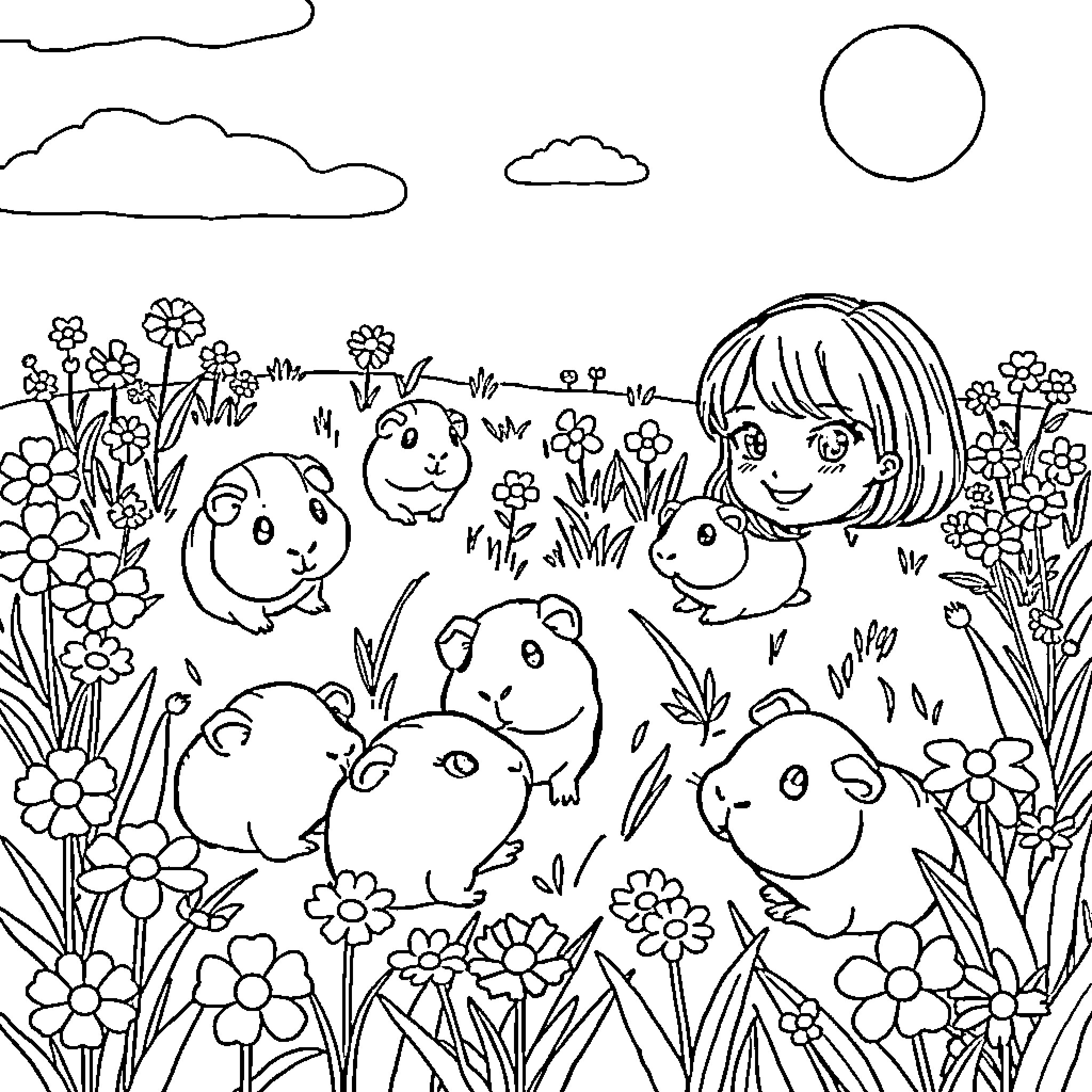 Meerschweinchen playing happily in a flower garden Coloring Page (free black-and-white line drawing printable PDF for all, from beginners to advanced learners, including children, teens, adults, and seniors)