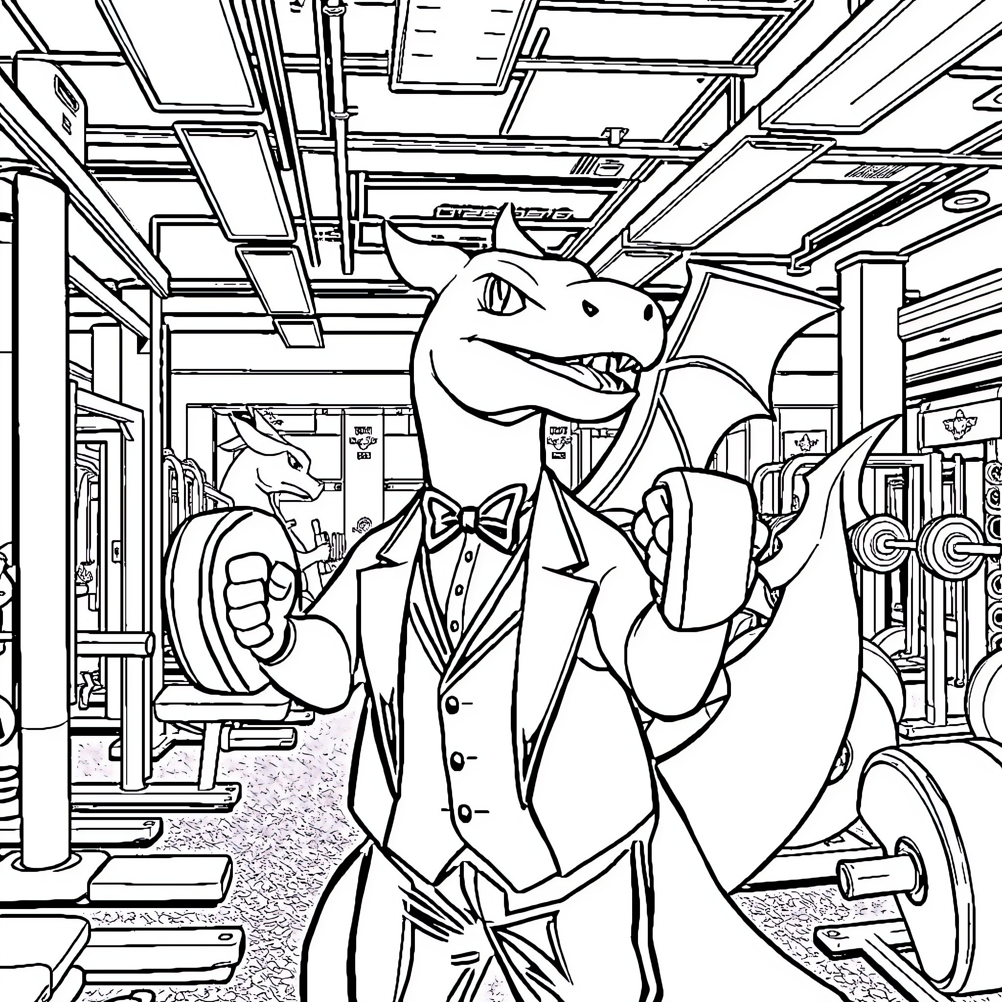 Charizard's Dapper Stroll Through the Cityscape Coloring Page (free black-and-white line drawing printable PDF for all, from beginners to advanced learners, including children, teens, adults, and seniors)