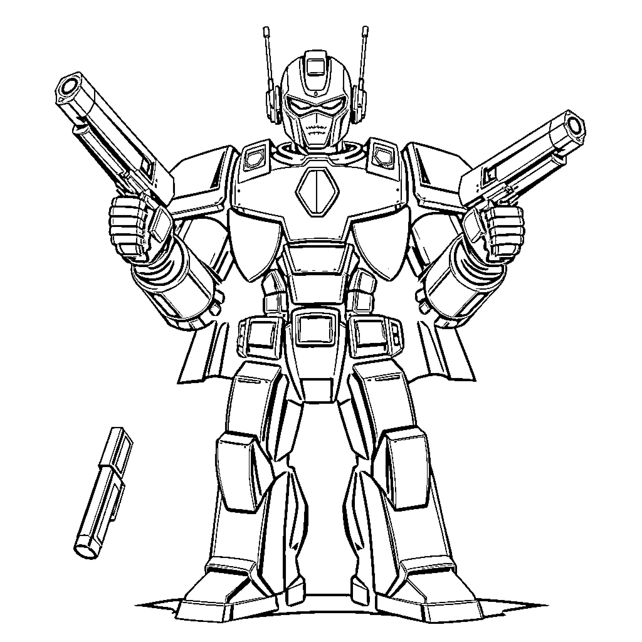 Robot mech warrior with dual blasters Coloring Page (free black-and-white line drawing printable PDF for all, from beginners to advanced learners, including children, teens, adults, and seniors)