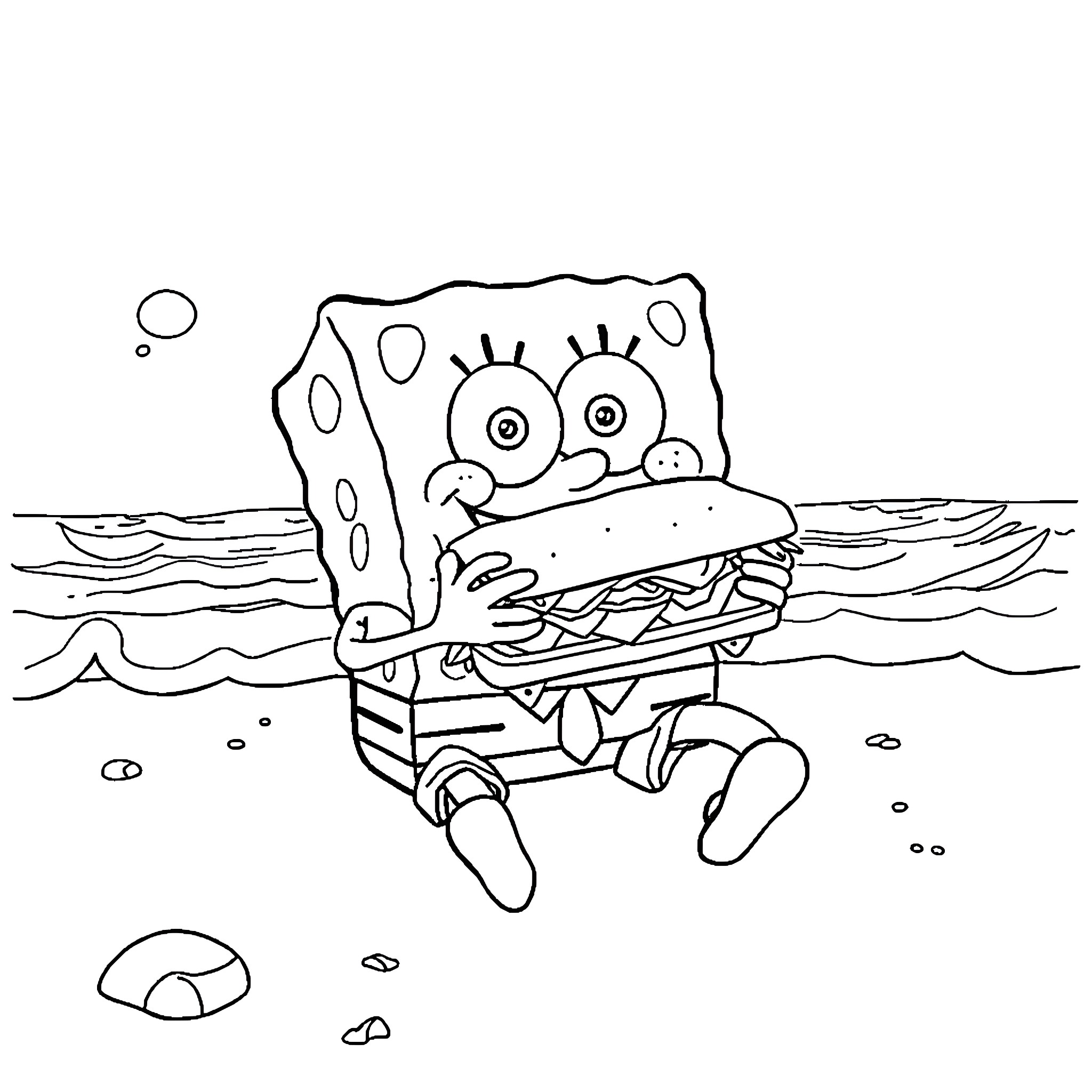 Spongebob enjoying a snack underwater Coloring Page (free black-and-white line drawing printable PDF for all, from beginners to advanced learners, including children, teens, adults, and seniors)