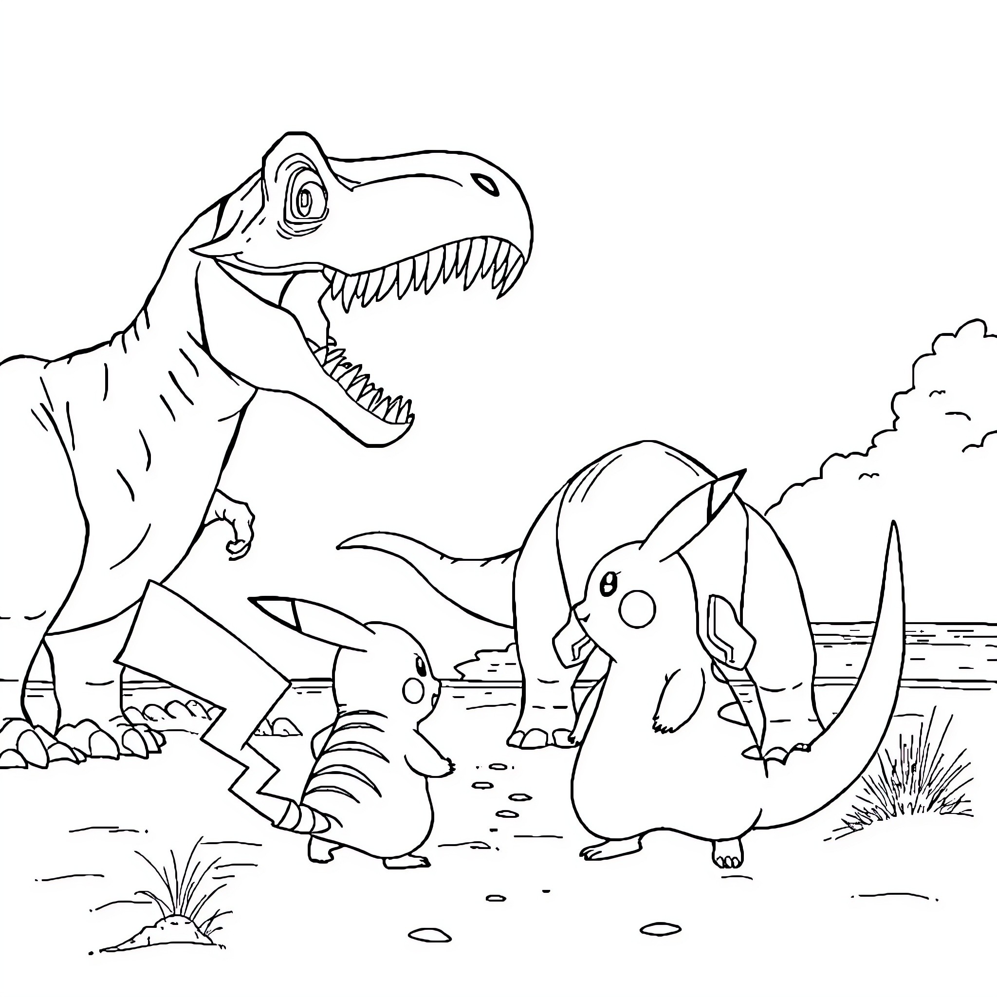 Pikachu and friends exploring a prehistoric landscape Coloring Page (free black-and-white line drawing printable PDF for all, from beginners to advanced learners, including children, teens, adults, and seniors)