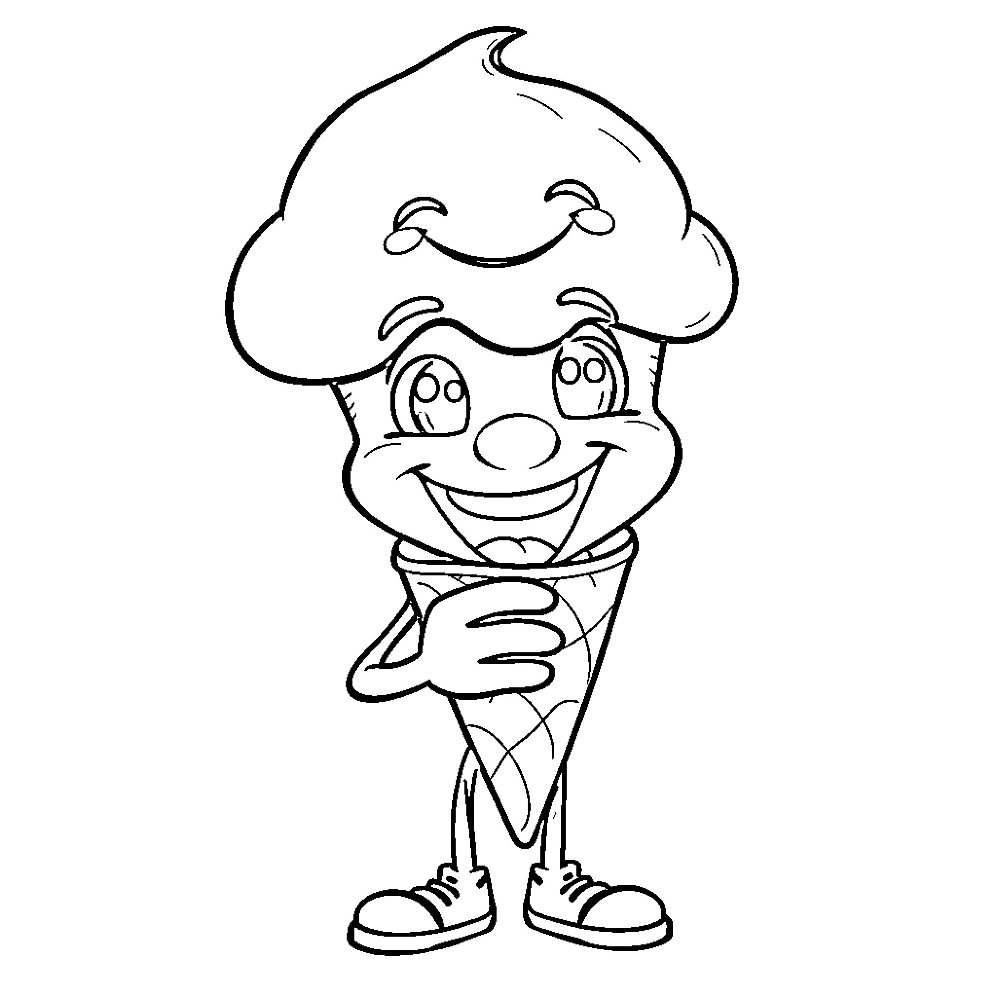 Ice Cream Character with Playful Expression Coloring Page (free black-and-white line drawing printable PDF for all, from beginners to advanced learners, including children, teens, adults, and seniors)