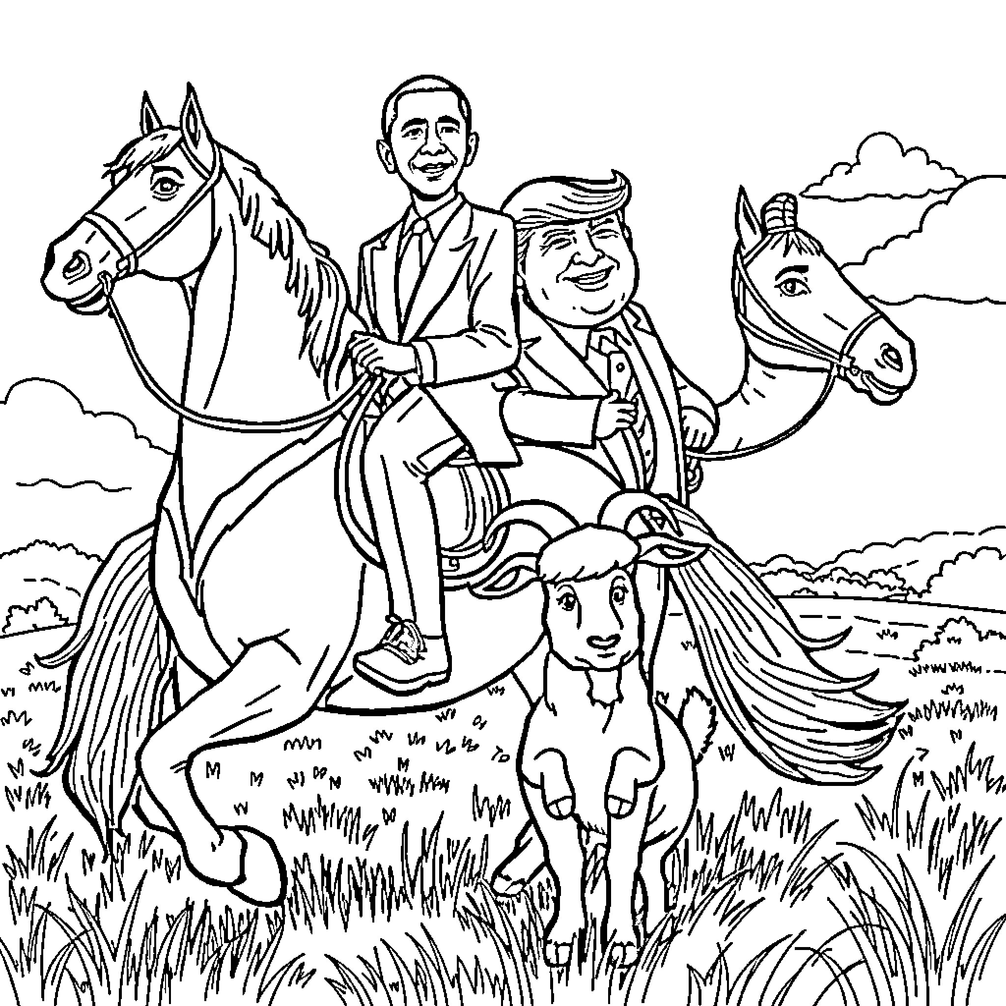 Obama riding horses with world leaders in the countryside Coloring Page (free black-and-white line drawing printable PDF for all, from beginners to advanced learners, including children, teens, adults, and seniors)