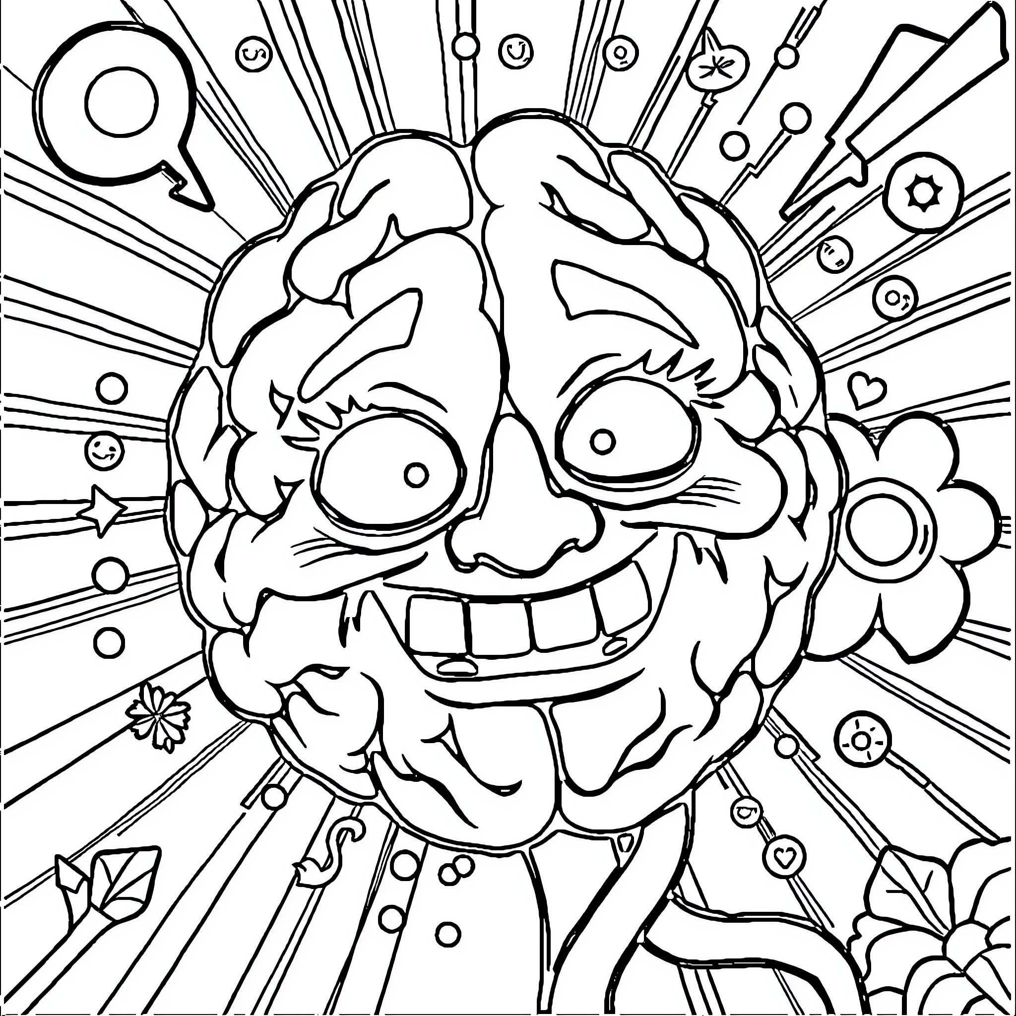 Brainrot: Chaotic cartoon character in a trippy, abstract environment Coloring Page (free black-and-white line drawing printable PDF for all, from beginners to advanced learners, including children, teens, adults, and seniors)