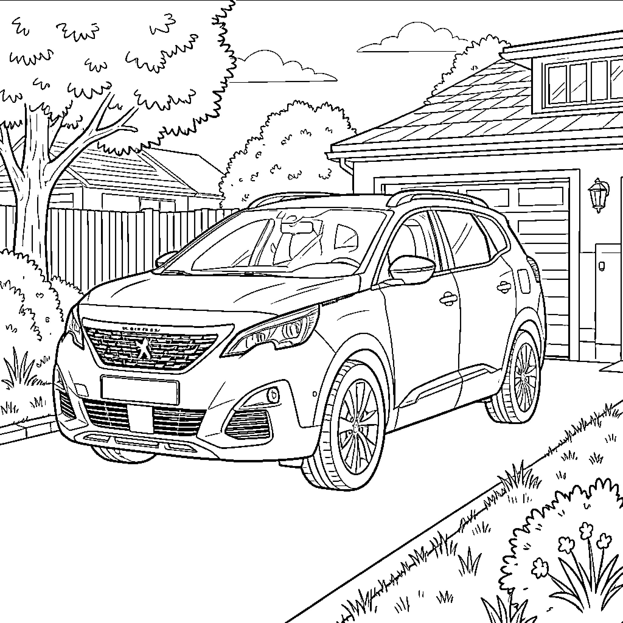 Peugeot parked in a suburban driveway near a house Coloring Page (free black-and-white line drawing printable PDF for all, from beginners to advanced learners, including children, teens, adults, and seniors)