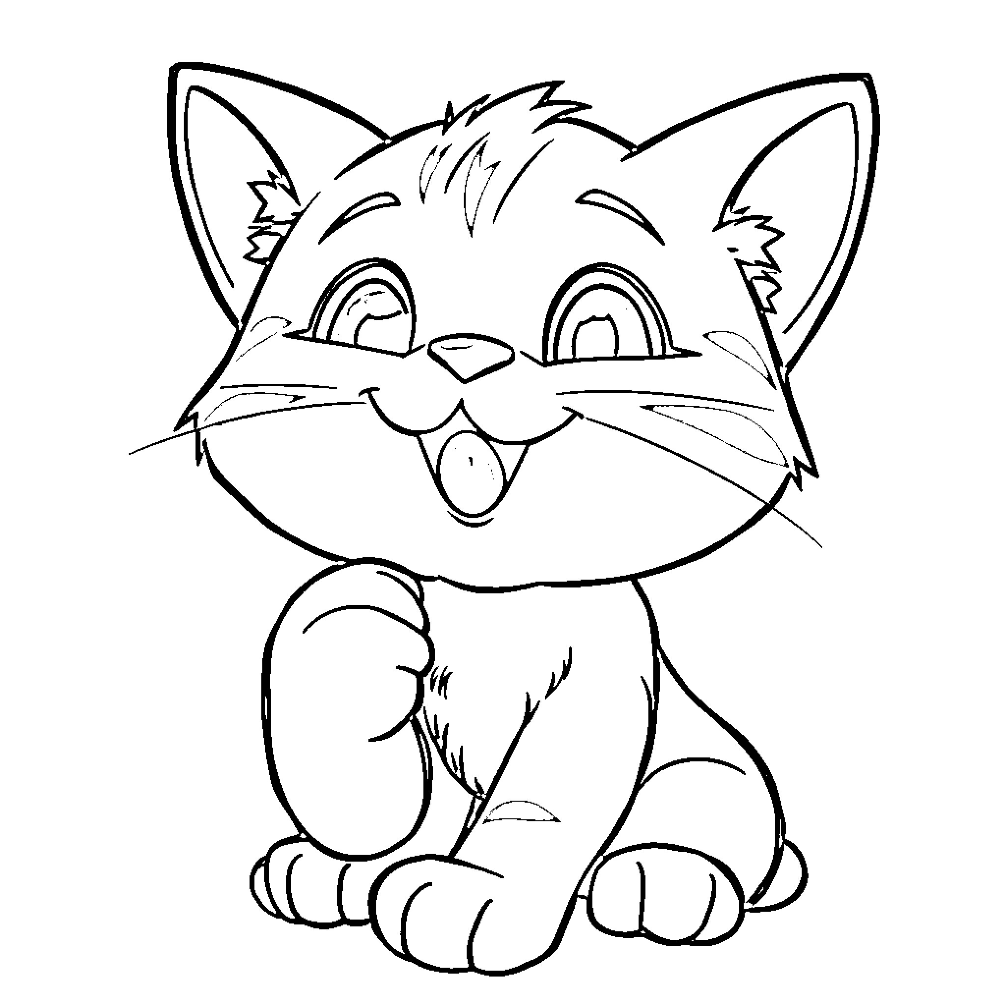 Cat in a happy mood Coloring Page (free black-and-white line drawing printable PDF for all, from beginners to advanced learners, including children, teens, adults, and seniors)