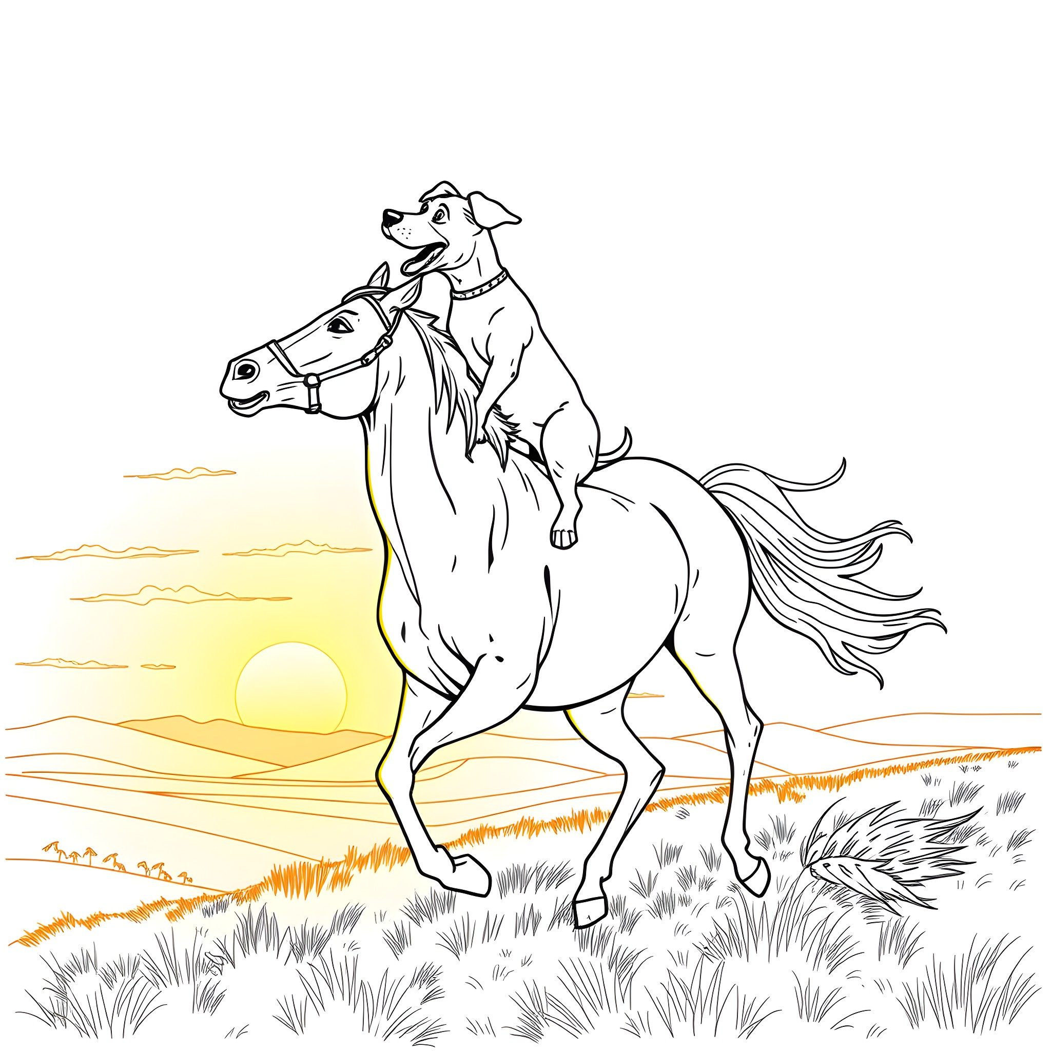 Dog riding a horse in the sunset Coloring Page (free black-and-white line drawing printable PDF for all, from beginners to advanced learners, including children, teens, adults, and seniors)