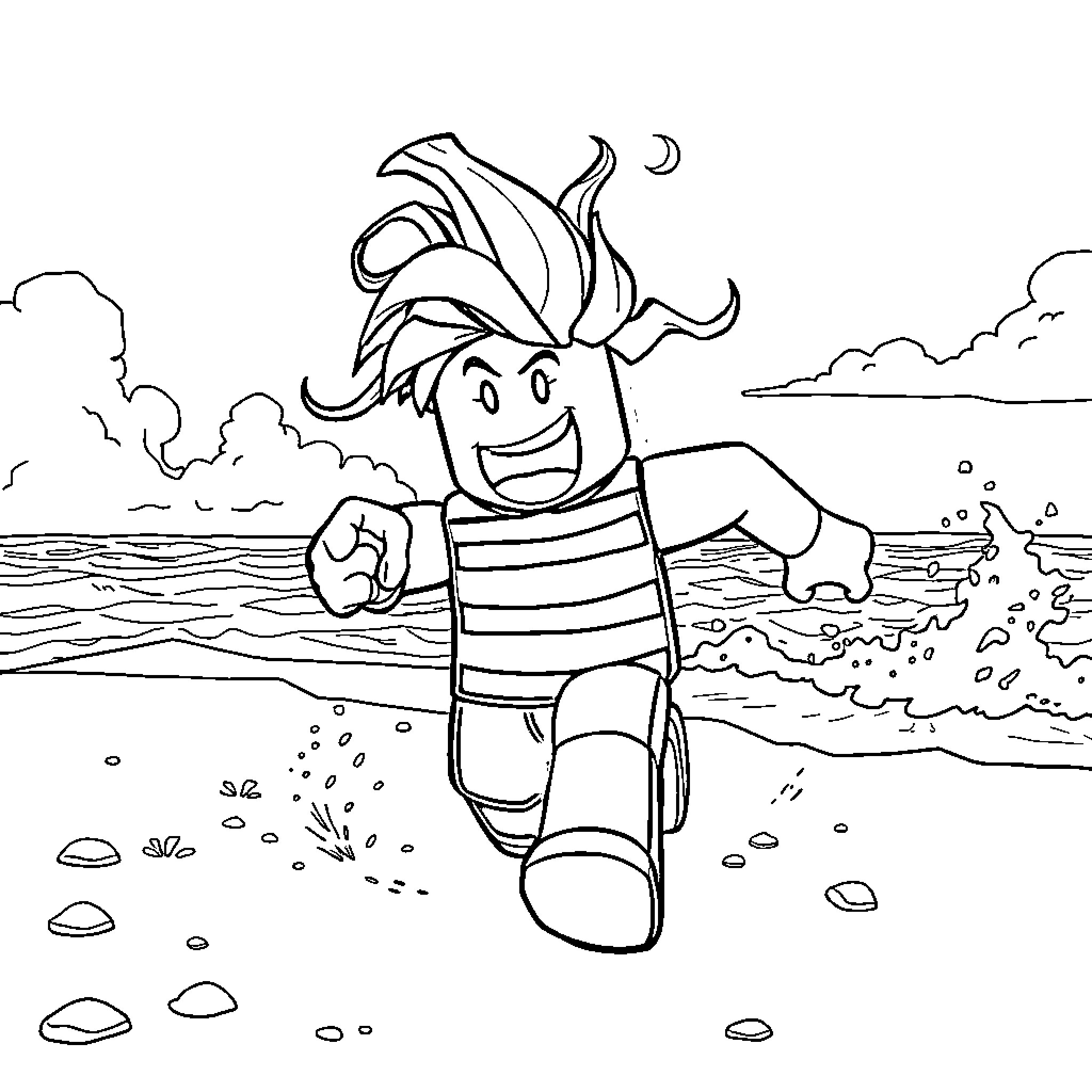 Dandy character frolicking on the beach Coloring Page (free black-and-white line drawing printable PDF for all, from beginners to advanced learners, including children, teens, adults, and seniors)