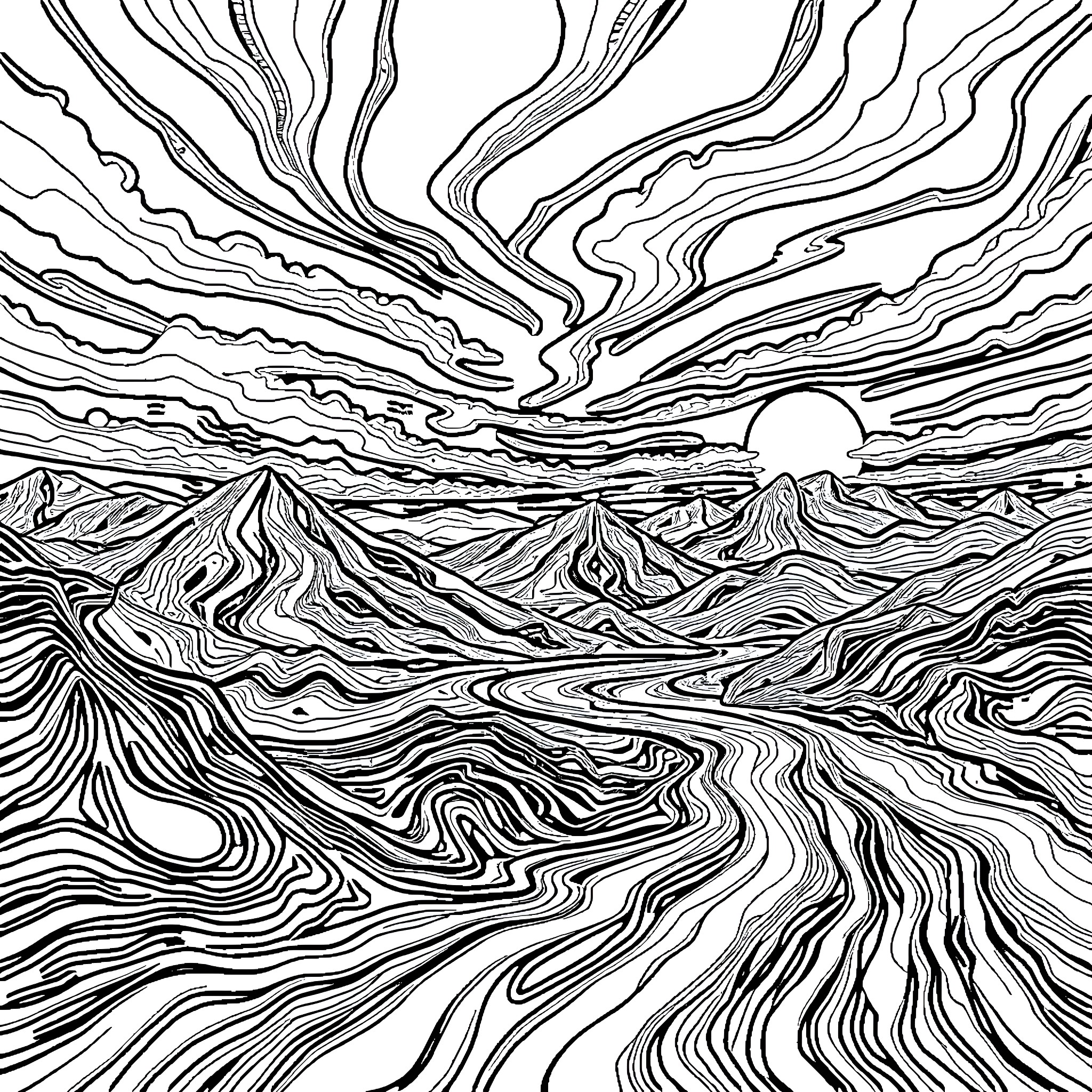 Landscape of abstract swirling patterns Coloring Page (free black-and-white line drawing printable PDF for all, from beginners to advanced learners, including children, teens, adults, and seniors)