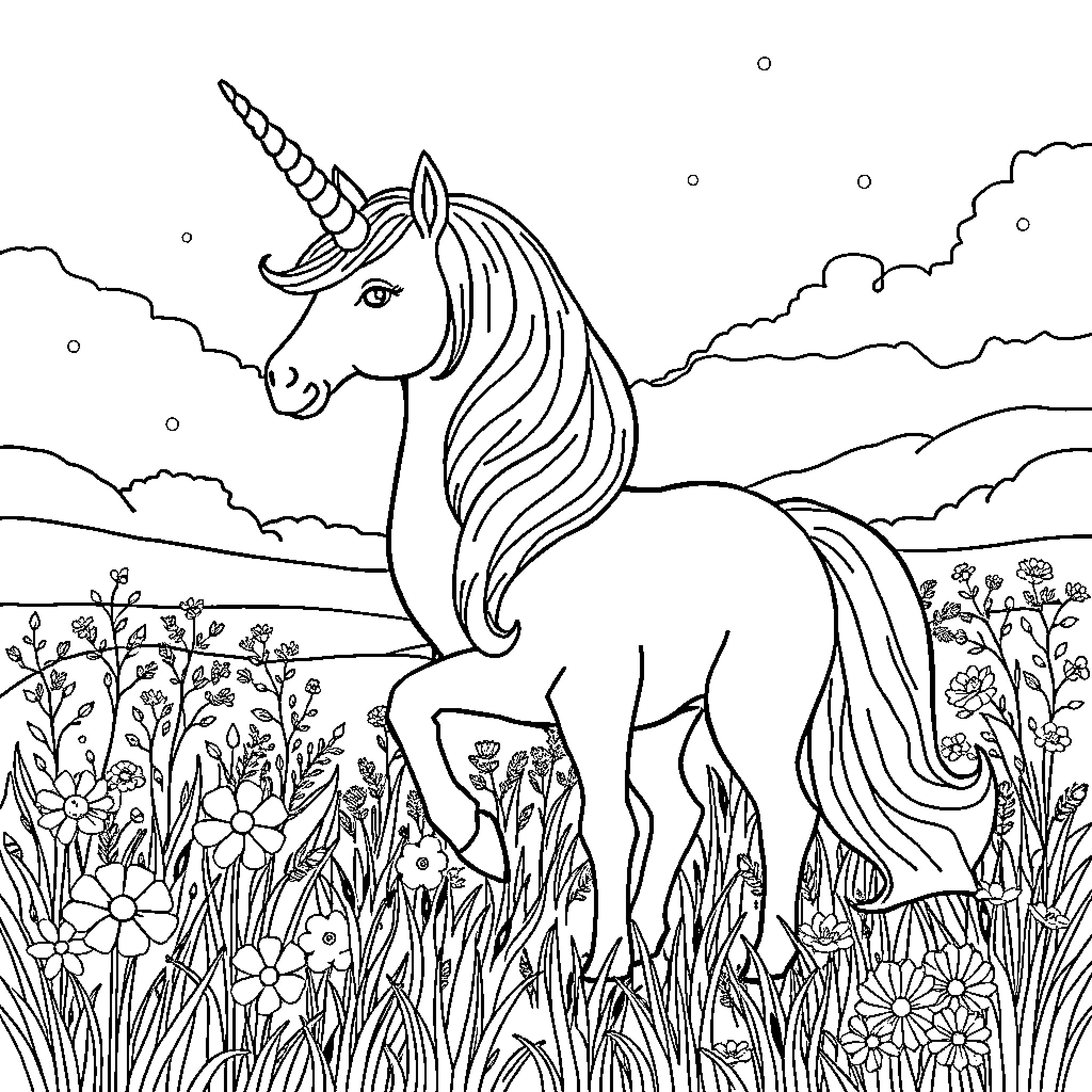 Unicorn standing in a flowery meadow Coloring Page (free black-and-white line drawing printable PDF for all, from beginners to advanced learners, including children, teens, adults, and seniors)