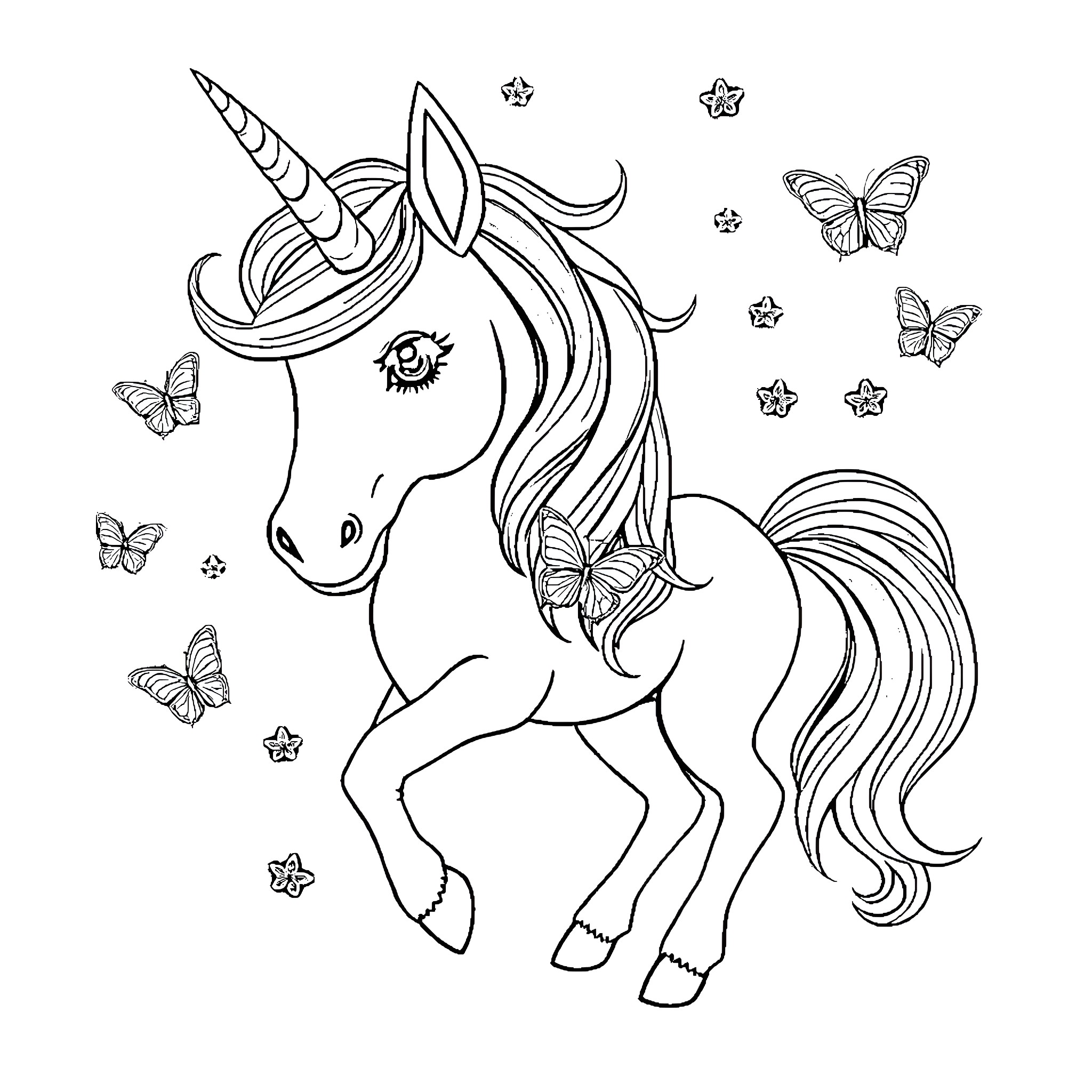 Unicorn playing with butterflies and stars Coloring Page (free black-and-white line drawing printable PDF for all, from beginners to advanced learners, including children, teens, adults, and seniors)