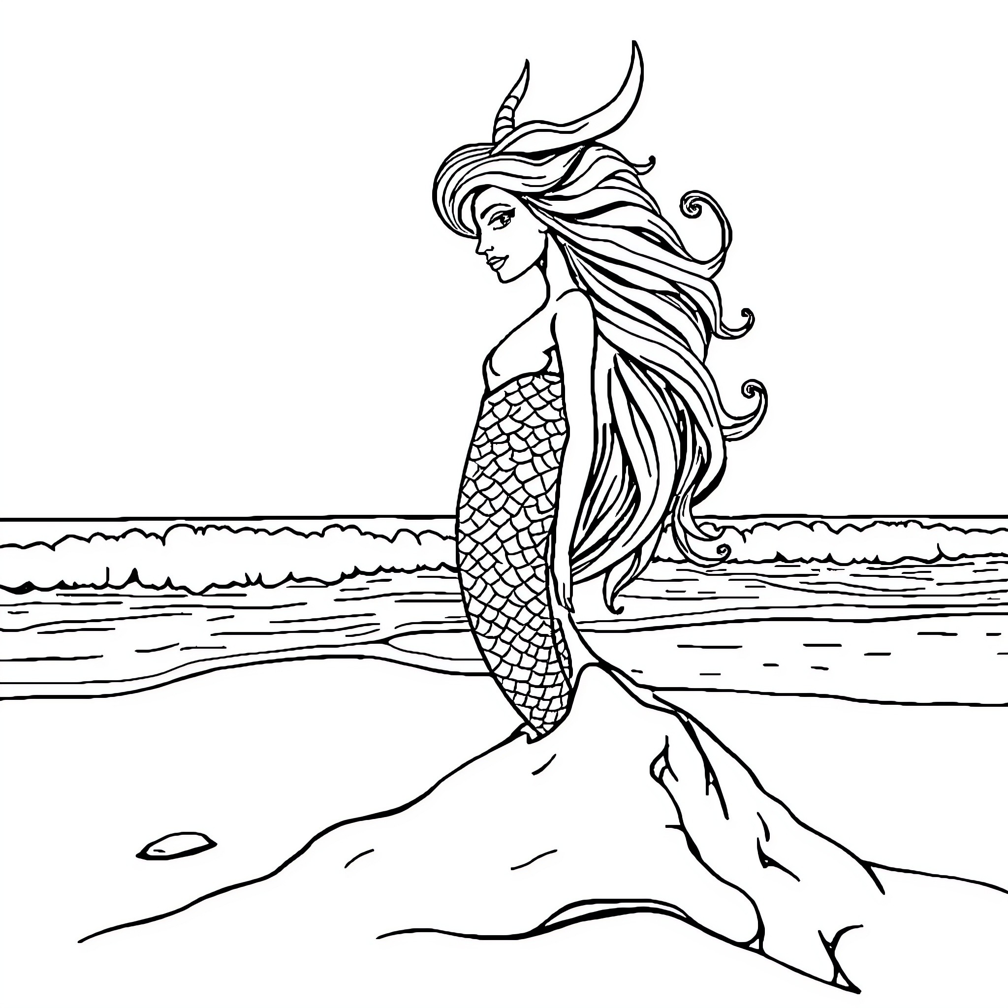 Siren Head Mermaid in Serene Ocean Pose Coloring Page (free black-and-white line drawing printable PDF for all, from beginners to advanced learners, including children, teens, adults, and seniors)