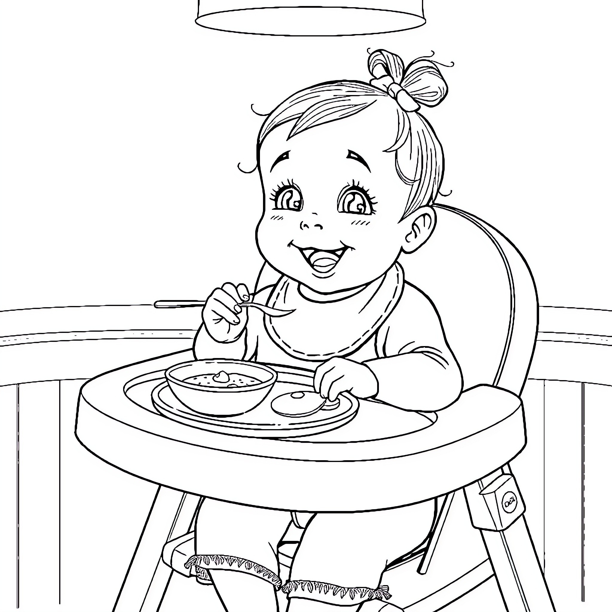 Baby enjoying a tasty meal in a high chair Coloring Page (free black-and-white line drawing printable PDF for all, from beginners to advanced learners, including children, teens, adults, and seniors)