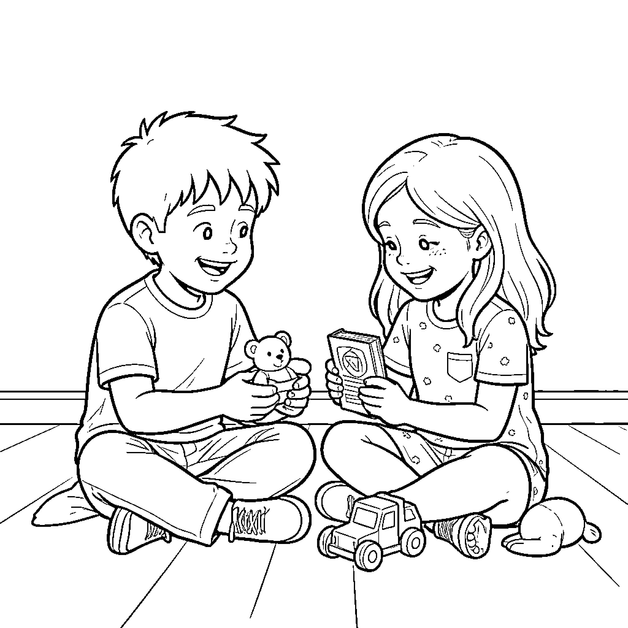 Child playing with toys and a teddy bear Coloring Page (free black-and-white line drawing printable PDF for all, from beginners to advanced learners, including children, teens, adults, and seniors)